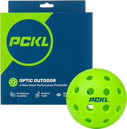 The PCKL Optic Outdoor pickleball ball with the packaging