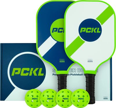 Image of the PCKL Starter Bundle with two paddles and four pickleball balls