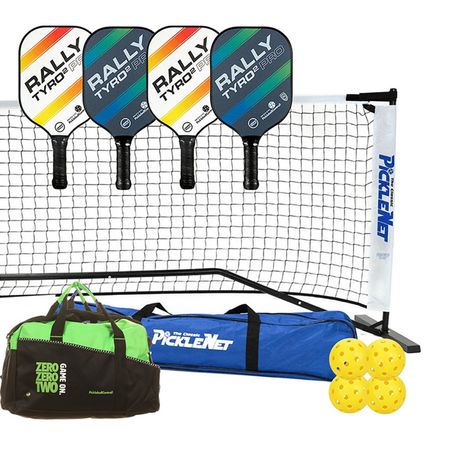 Image of the Rally Tyro 2 Pro Set with four paddles, four pickleball balls, a carry bag, and a portable net