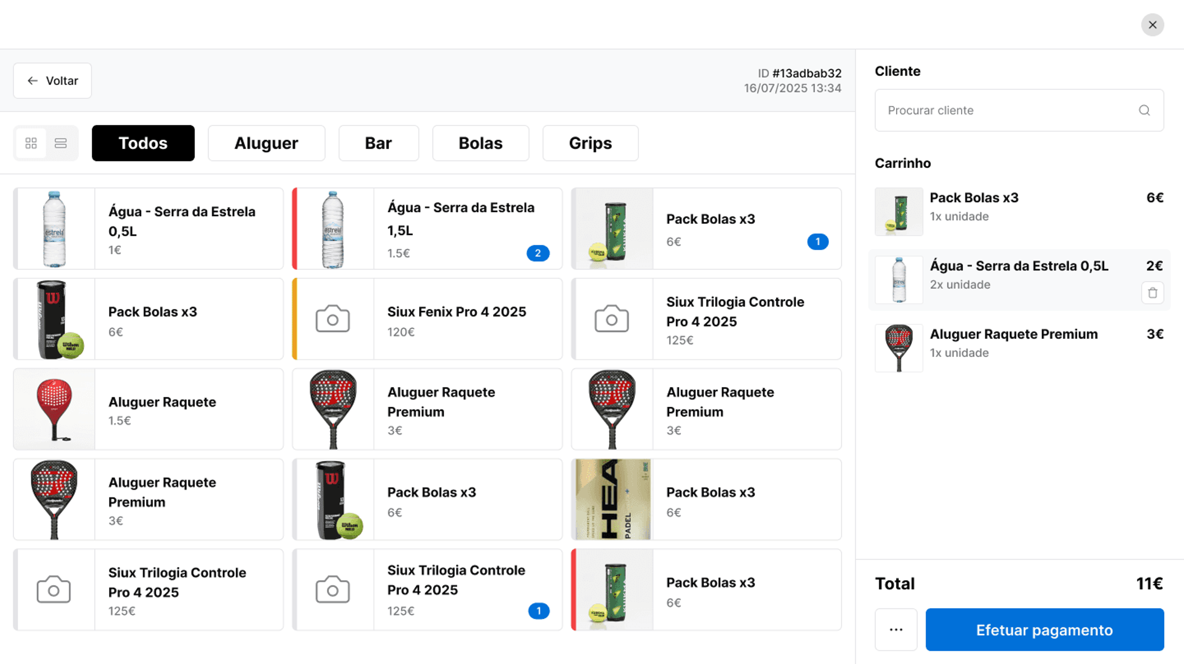 Ecrã de ponto de venda com produtos do bar e o total da conta