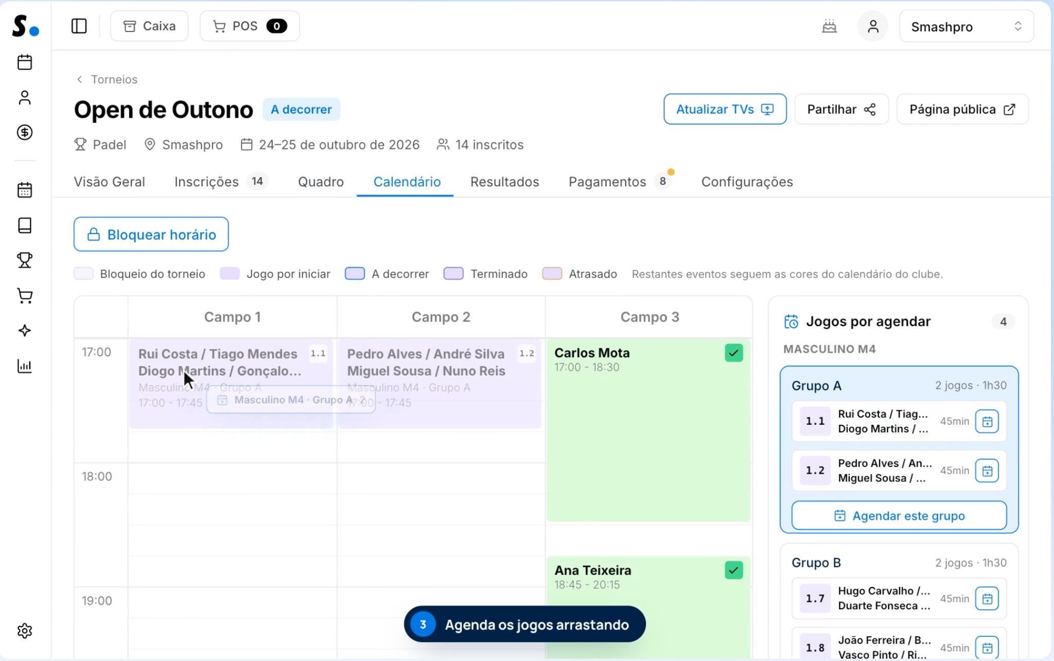 Calendário de reservas do Smashpro Manager com reservas recorrentes de grupos fixos ao longo de várias semanas