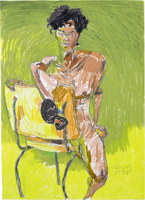 Coloured pencil drawing of a young woman sitting on a chair with a green background