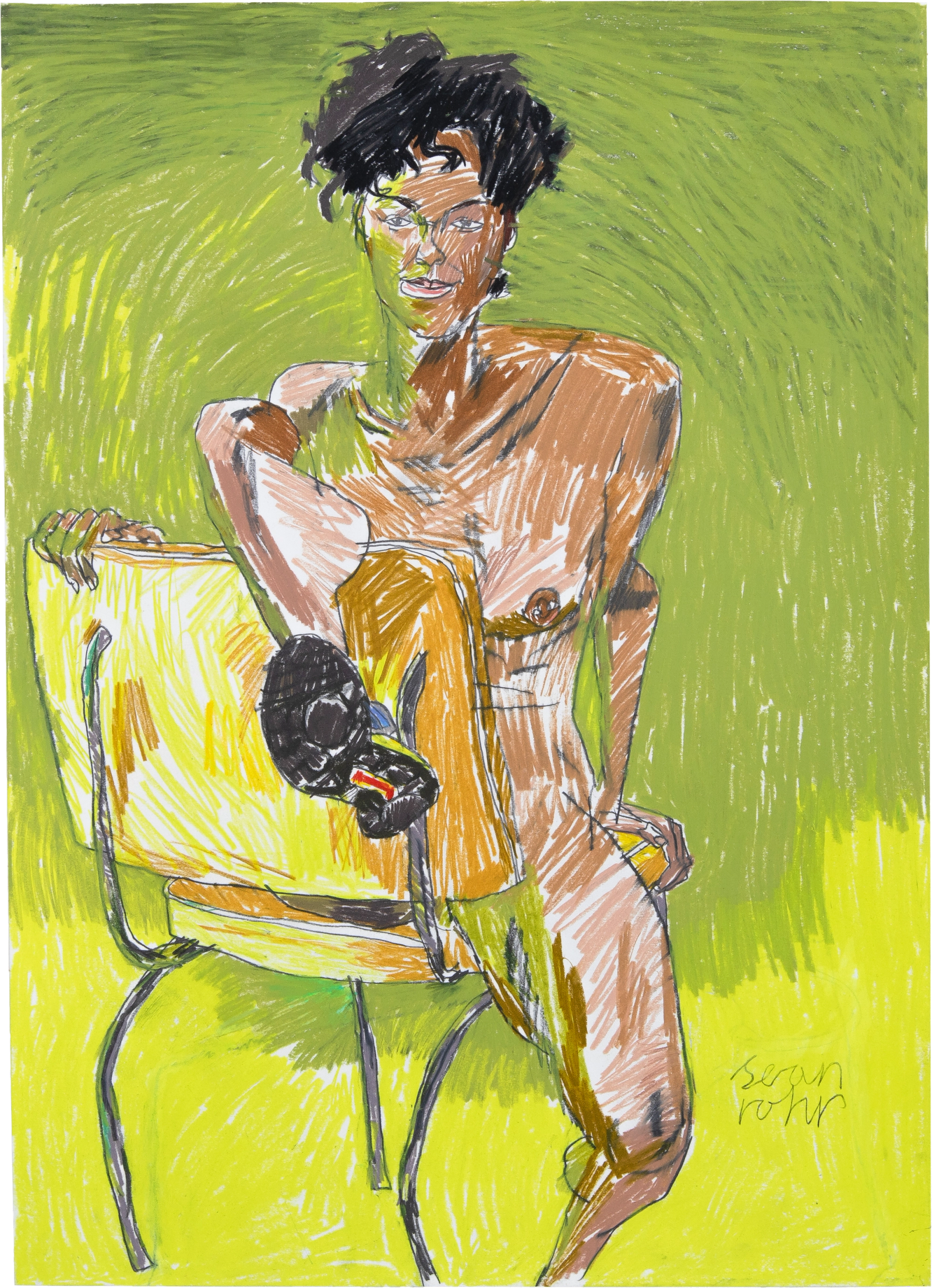 Coloured pencil drawing of a young woman sitting on a chair with a green background