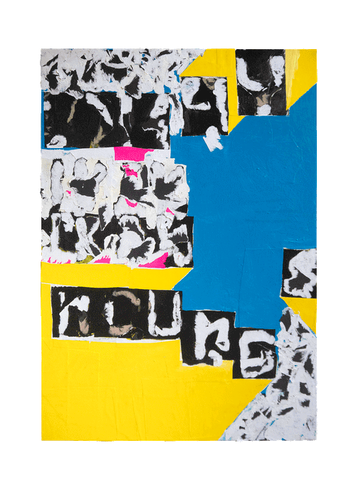 Blue and yellow text collage