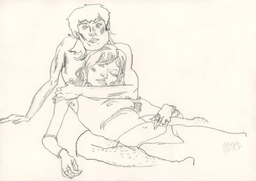Drawing of a young man and young woman reclining