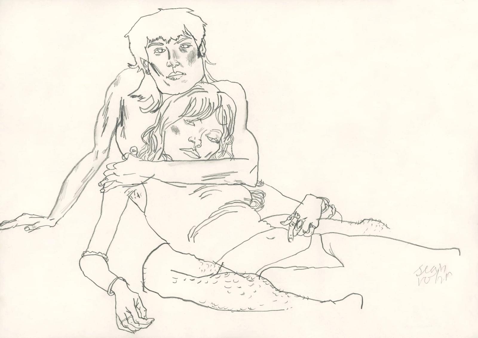 Drawing of a young man and young woman reclining