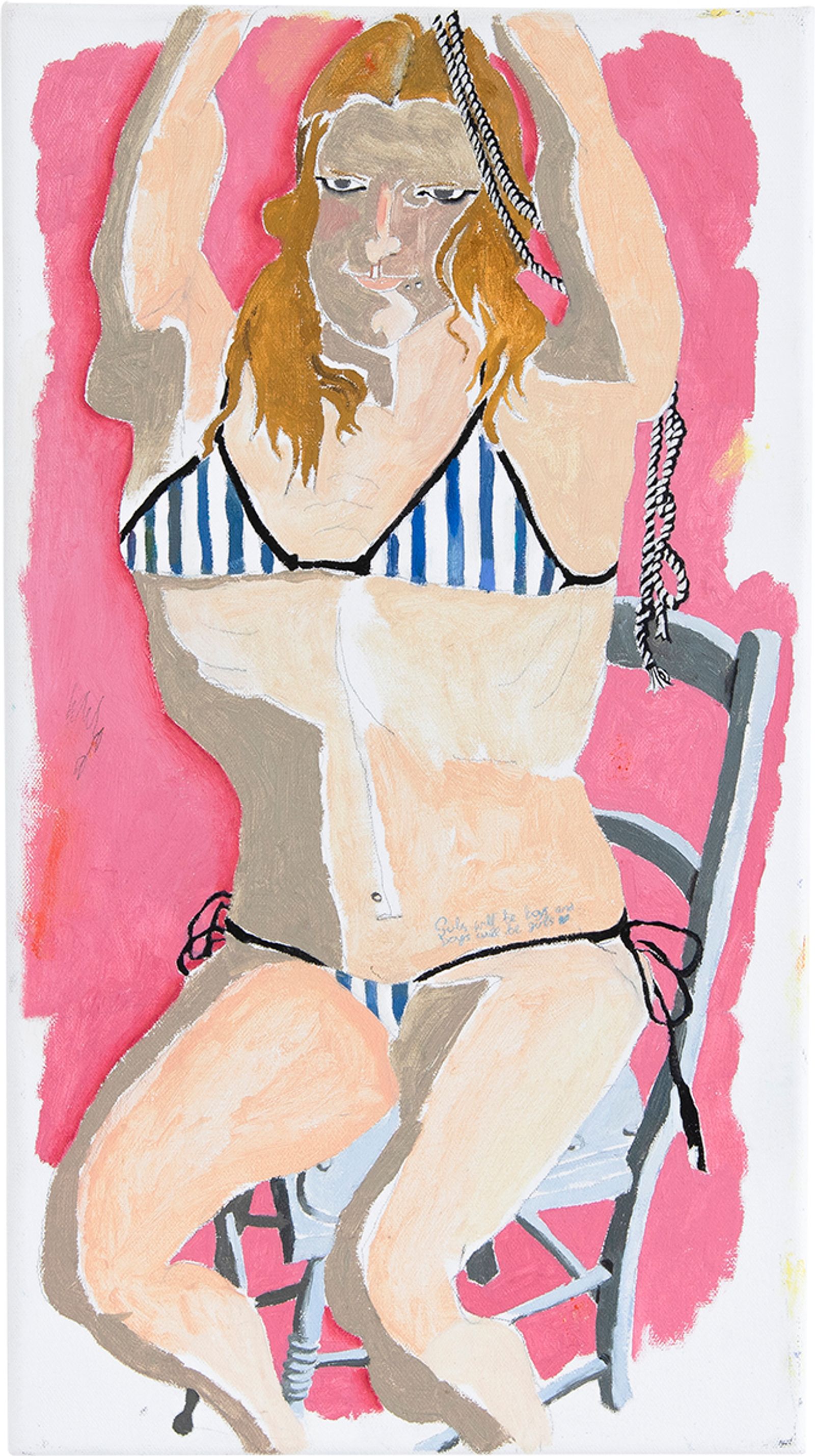 Painting of a figure with arms raised on a pink background