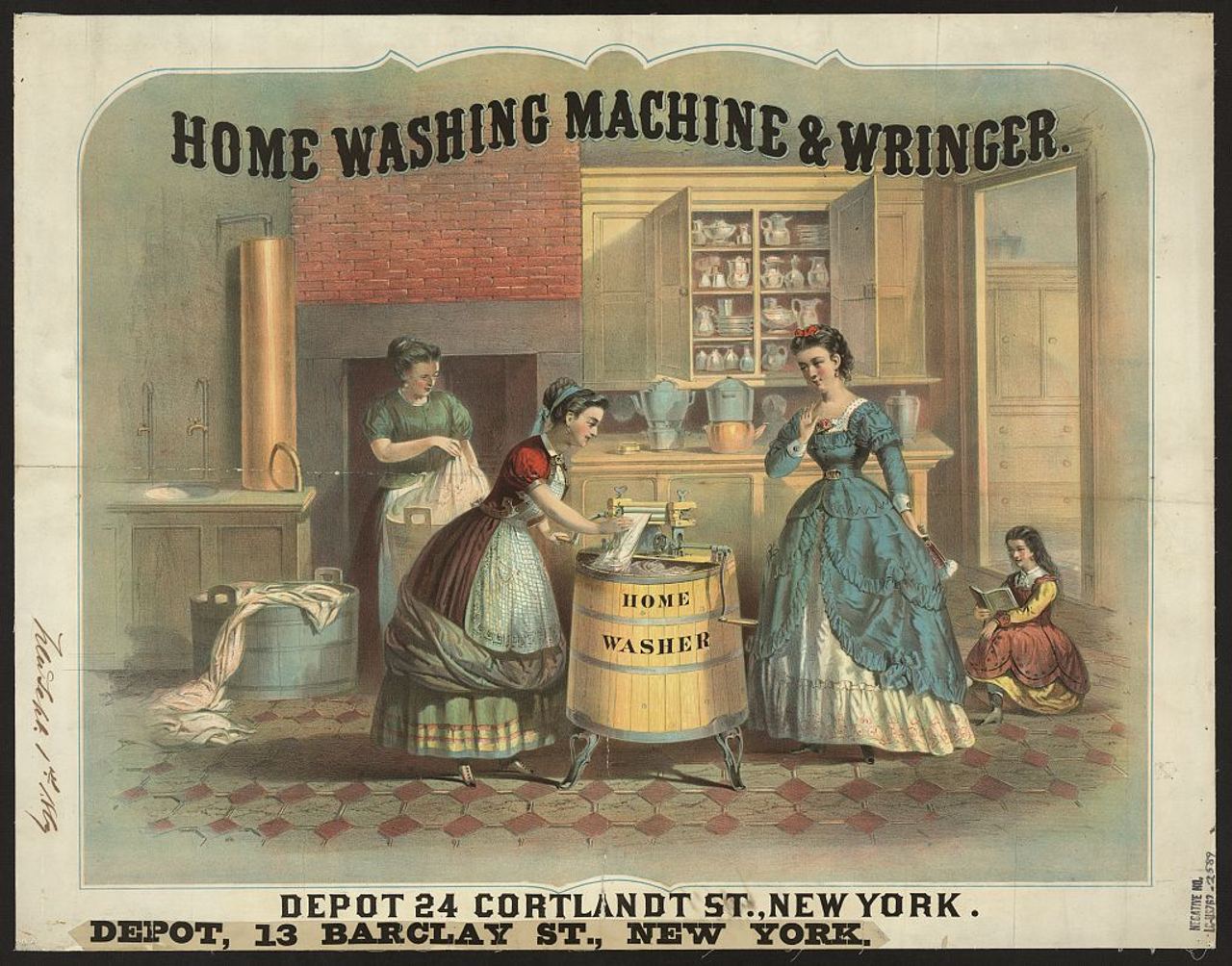 A color print of a kitchen: a young woman in an apron bends over a barrel-shaped Home Washer with a wringer on top, while a woman in a blue dress watches; a second woman in the background holds a cloth by a sink and a tall copper boiler, a tub of cloth sits on the floor, and a child reads at the right. The title reads Home Washing Machine and Wringer.