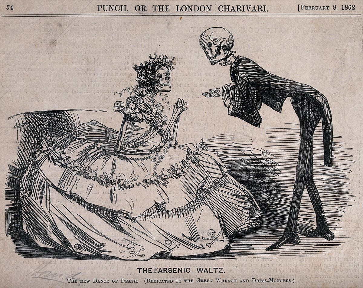 A wood-engraved cartoon of two skeletons at a ball. A bowing skeleton in evening dress, with a long tailcoat and thin legs, invites a skeleton woman in a wide crinoline skirt trimmed with leaves and a wreath of leaves on her skull; small skulls and crossbones decorate the hem. The caption reads The Arsenic Waltz, The new Dance of Death (Dedicated to the Green Wreath and Dress-Mongers).