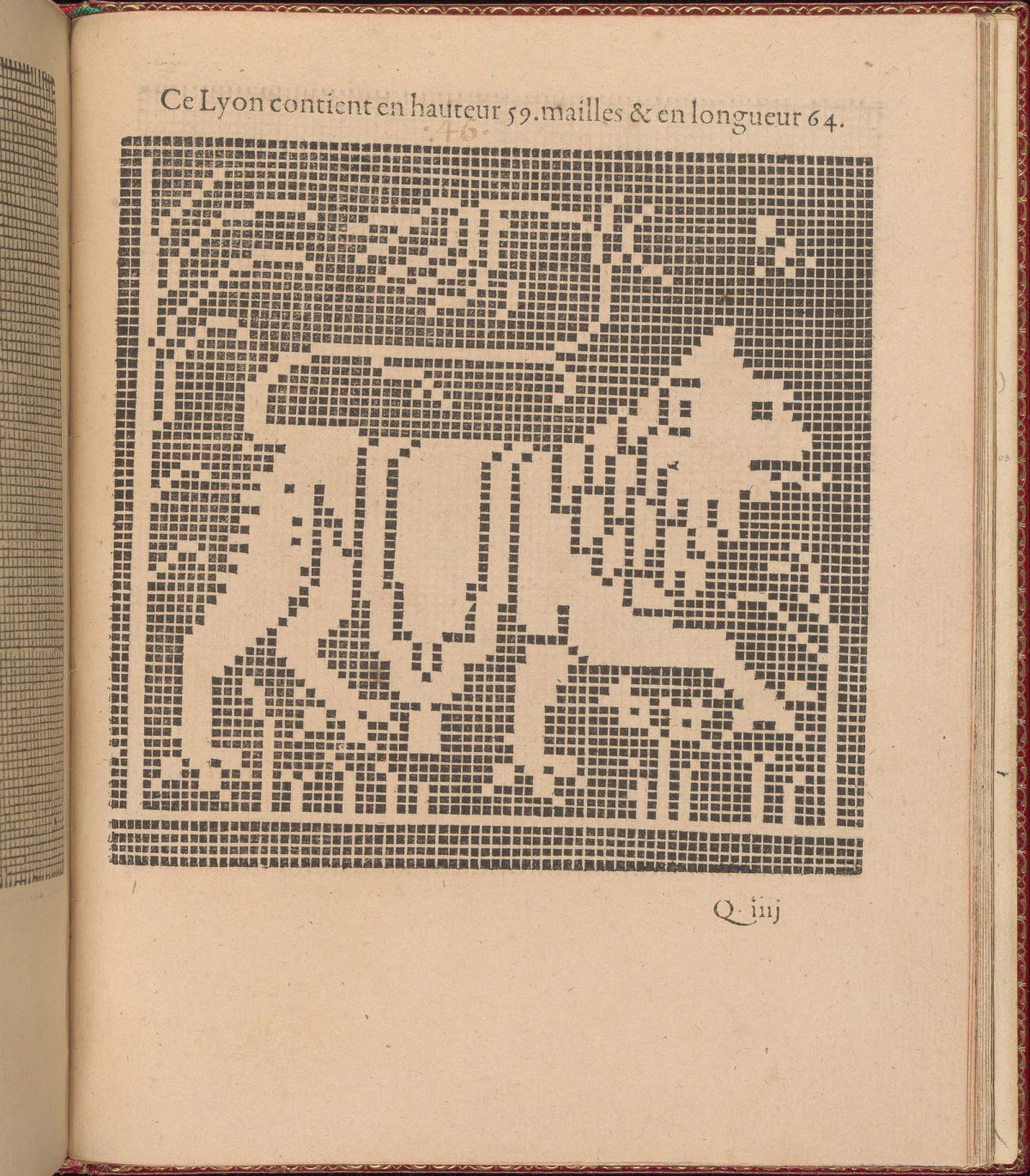 A printed page from a 1588 lace pattern book: a lion walking left, drawn in white squares on a dense black grid, with a line of French text above giving its size in meshes.