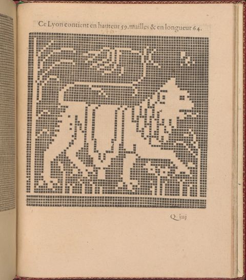A printed page from a 1588 lace pattern book: a lion walking left, drawn in white squares on a dense black grid, with a line of French text above giving its size in meshes.