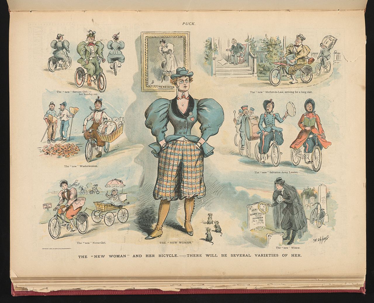 A colored Puck cartoon page: at center a bespectacled woman in a blue jacket with huge puffed sleeves and plaid knickerbockers stands with hands in pockets, three mice at her feet; around her are small scenes of women on bicycles, including a servant girl, a washerwoman, Salvation Army women, a nurse-girl pushing a pram, and a widow at a grave.