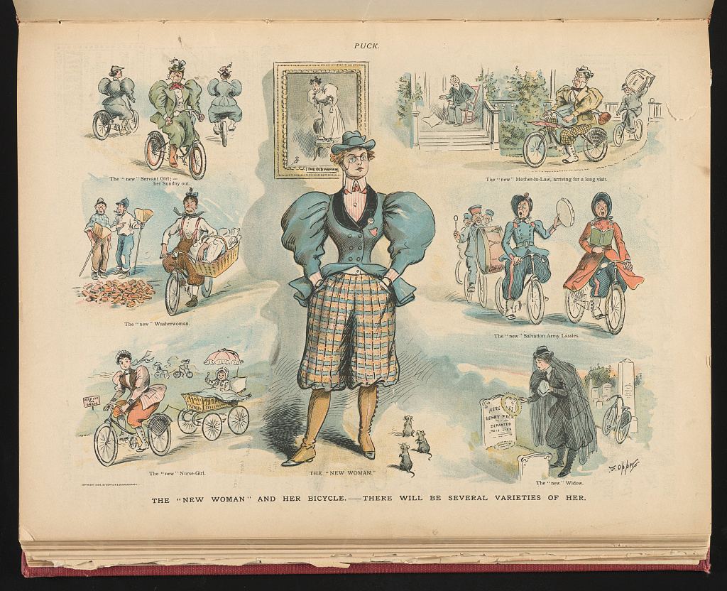 A colored Puck cartoon page: at center a bespectacled woman in a blue jacket with huge puffed sleeves and plaid knickerbockers stands with hands in pockets, three mice at her feet; around her are small scenes of women on bicycles, including a servant girl, a washerwoman, Salvation Army women, a nurse-girl pushing a pram, and a widow at a grave.