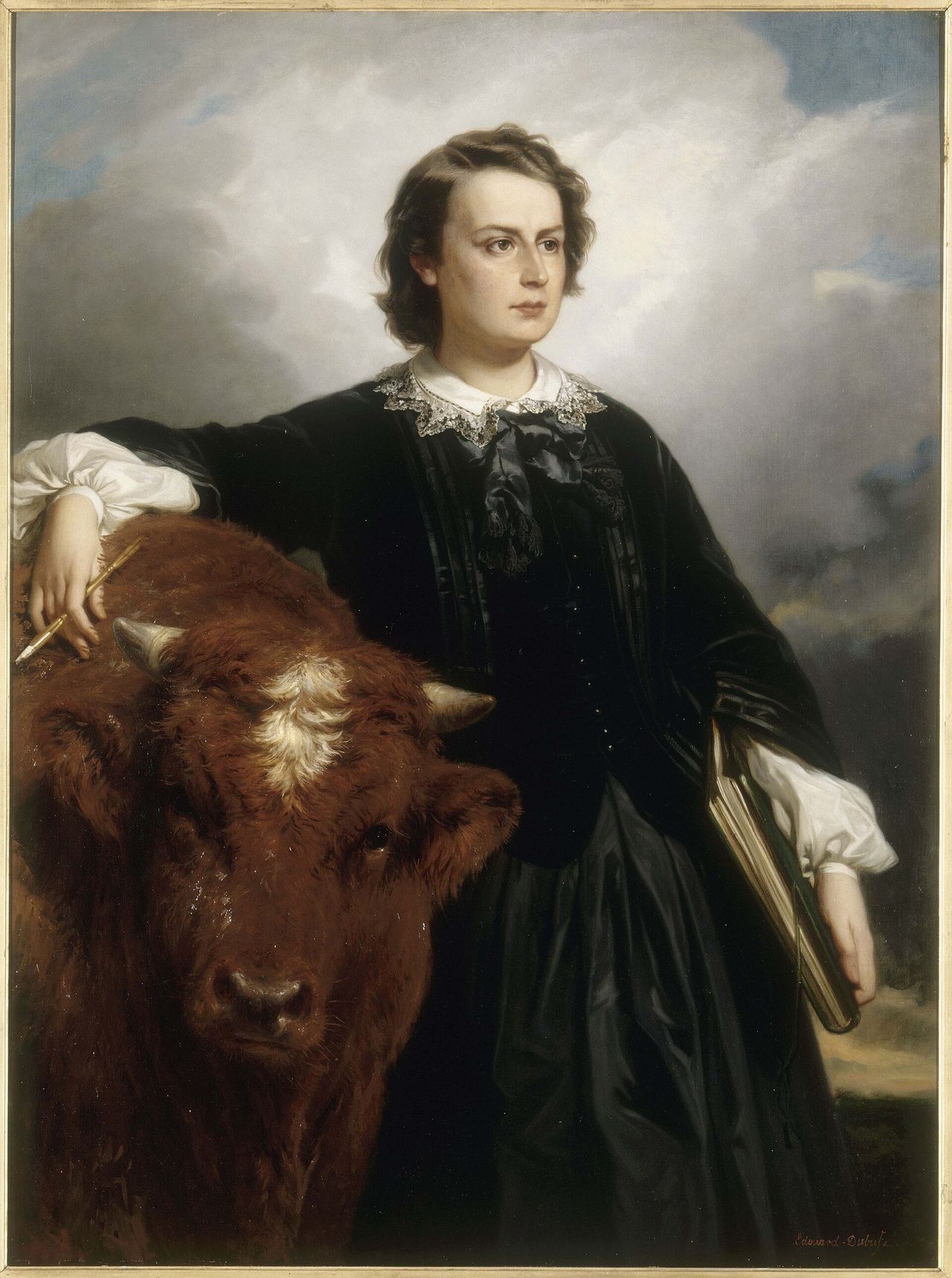 Oil portrait of Rosa Bonheur in three-quarter length: short, wavy brown hair, a dark velvet jacket with a lace collar and bow, white sleeves, and a long dark skirt. She leans on the head of a red-brown bull, holds a pencil in one hand and a large portfolio under the other arm, against a stormy sky.