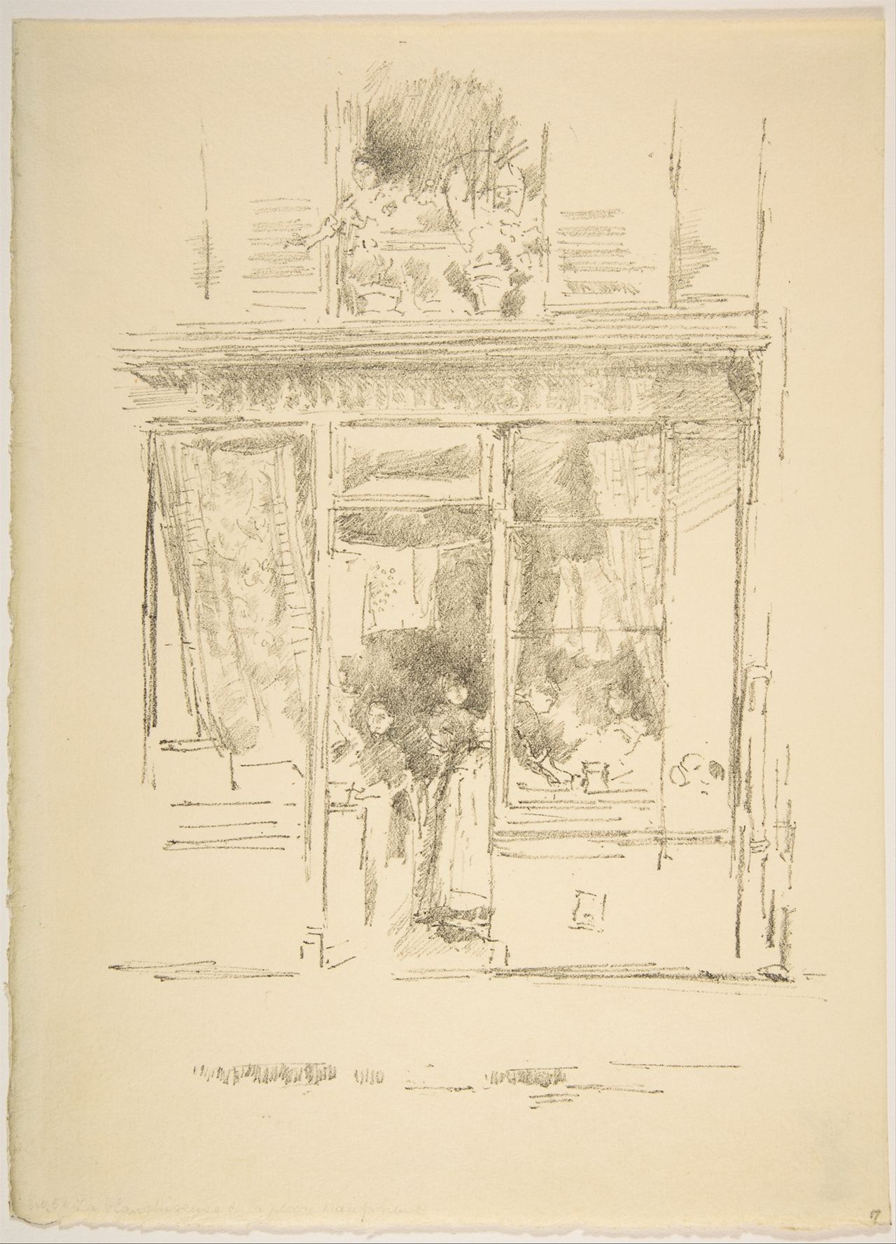 A loose lithograph sketch of a shopfront: a woman stands in the open doorway, with sheets of cloth hanging in the windows on either side and more shapes above the cornice.