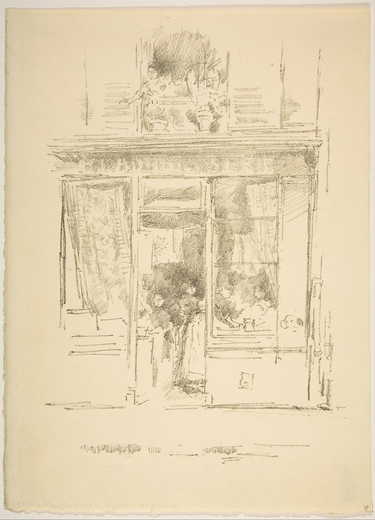 A loose lithograph sketch of a shopfront: a woman stands in the open doorway, with sheets of cloth hanging in the windows on either side and more shapes above the cornice.