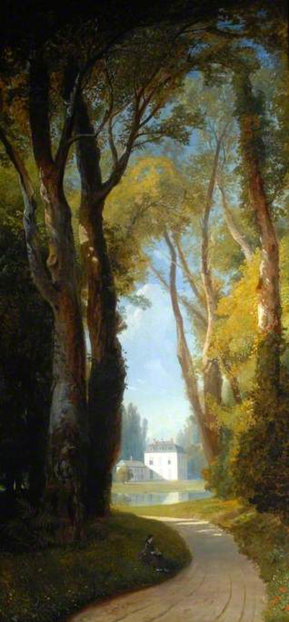 Tall, narrow landscape: a curving gravel path runs between tall, slender trees toward a small white house with a pale roof beside a pond, glimpsed through a gap in the foliage under a blue sky; a tiny seated figure rests at the path's edge.