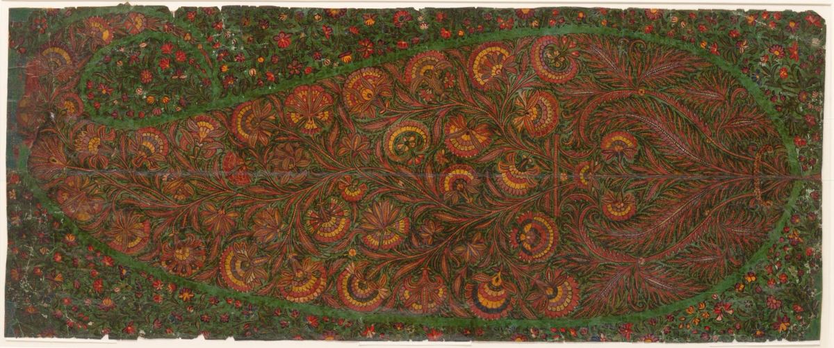 A gouache design showing one large teardrop cone filled with dense red, orange and yellow flowers and feathery sprays, outlined in green on a field of small flowers.
