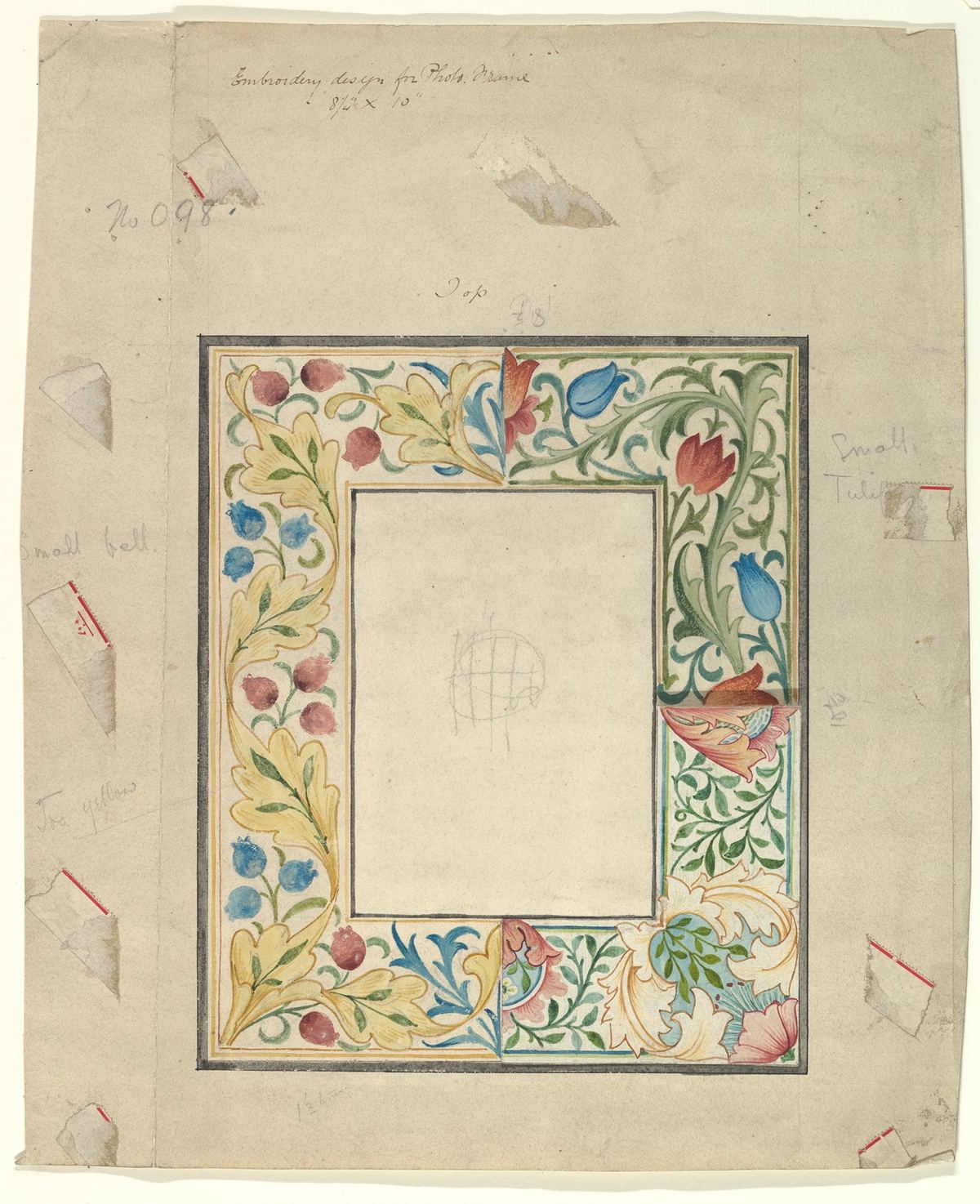A watercolor design for a rectangular embroidered photograph frame, drawn on buff paper: a border of acanthus-like leaves with red berries and blue bell flowers on the left and bottom, and blue and red tulips on curling green stems at the top right, with a blank rectangle in the middle for the photograph. Pencil notes in the margins read Small bell, Small tulip and Top.