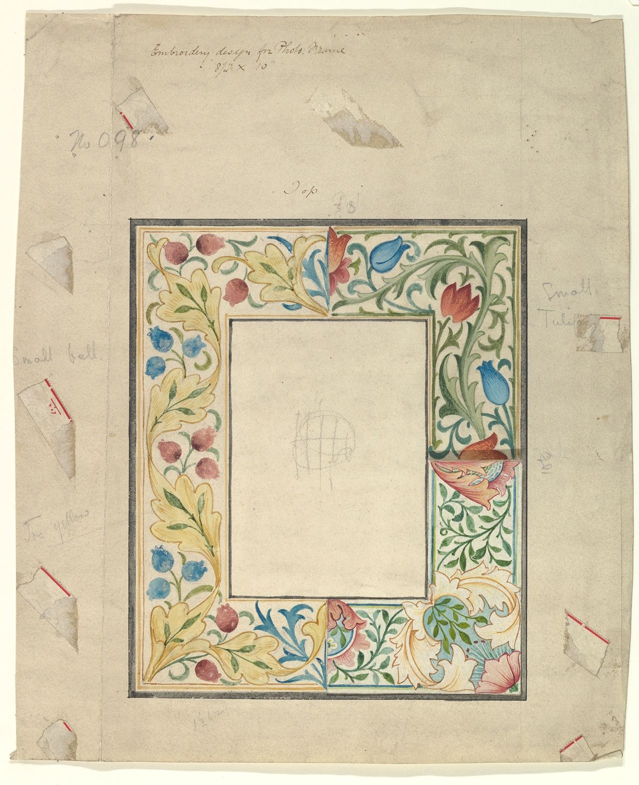 A watercolor design for a rectangular embroidered photograph frame, drawn on buff paper: a border of acanthus-like leaves with red berries and blue bell flowers on the left and bottom, and blue and red tulips on curling green stems at the top right, with a blank rectangle in the middle for the photograph. Pencil notes in the margins read Small bell, Small tulip and Top.