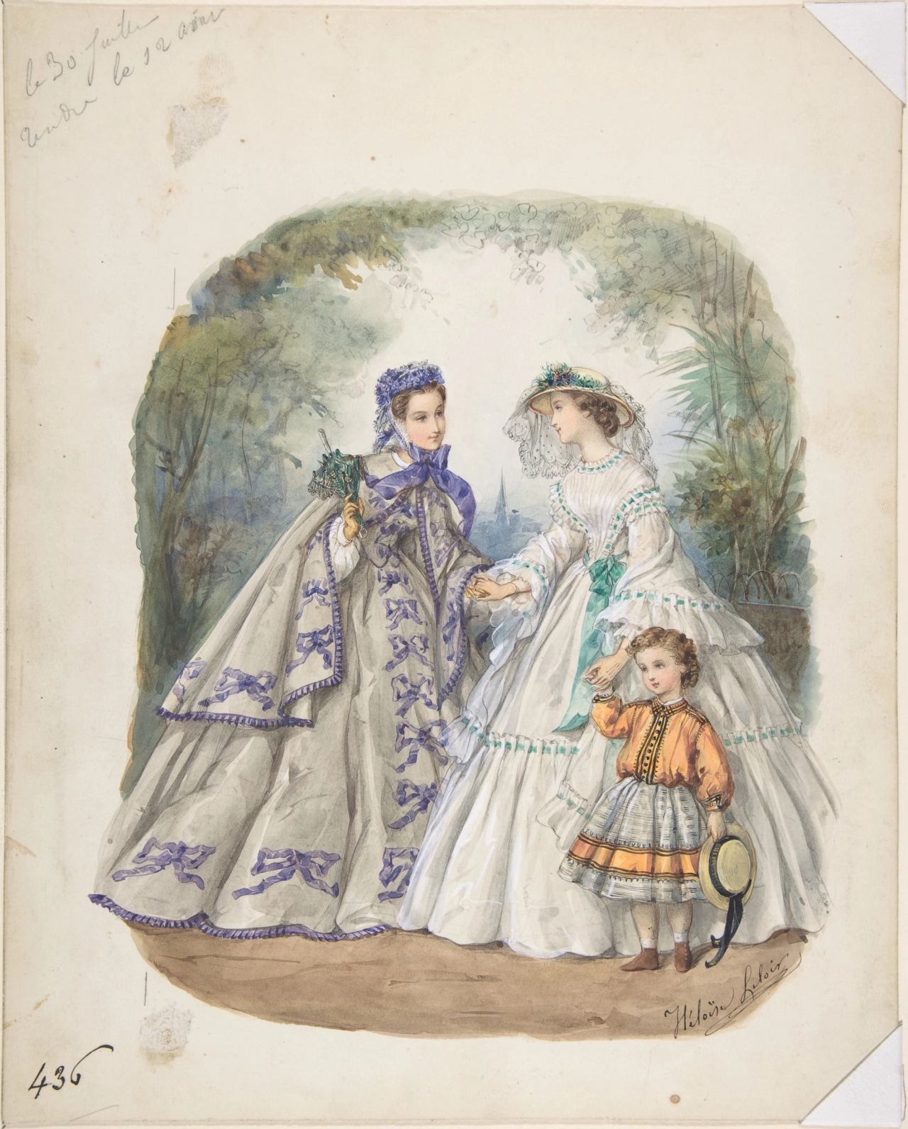 A watercolor fashion illustration of two women and a small boy standing in a leafy garden. One woman wears a long gray gown trimmed with violet bows and a violet bonnet and carries a posy; the other wears a white gown with turquoise trim and a straw hat with flowers; the boy wears an orange jacket and a plaid skirt.