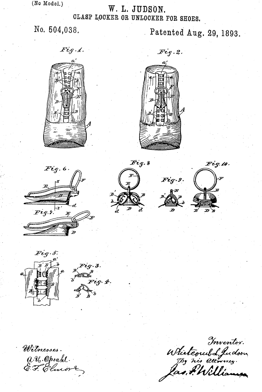 Black and white patent drawing headed Clasp Locker or Unlocker for Shoes: two views of a boot with a row of small clasps down the front and a ring-pulled guide, plus detail views of the guide and the clasps.