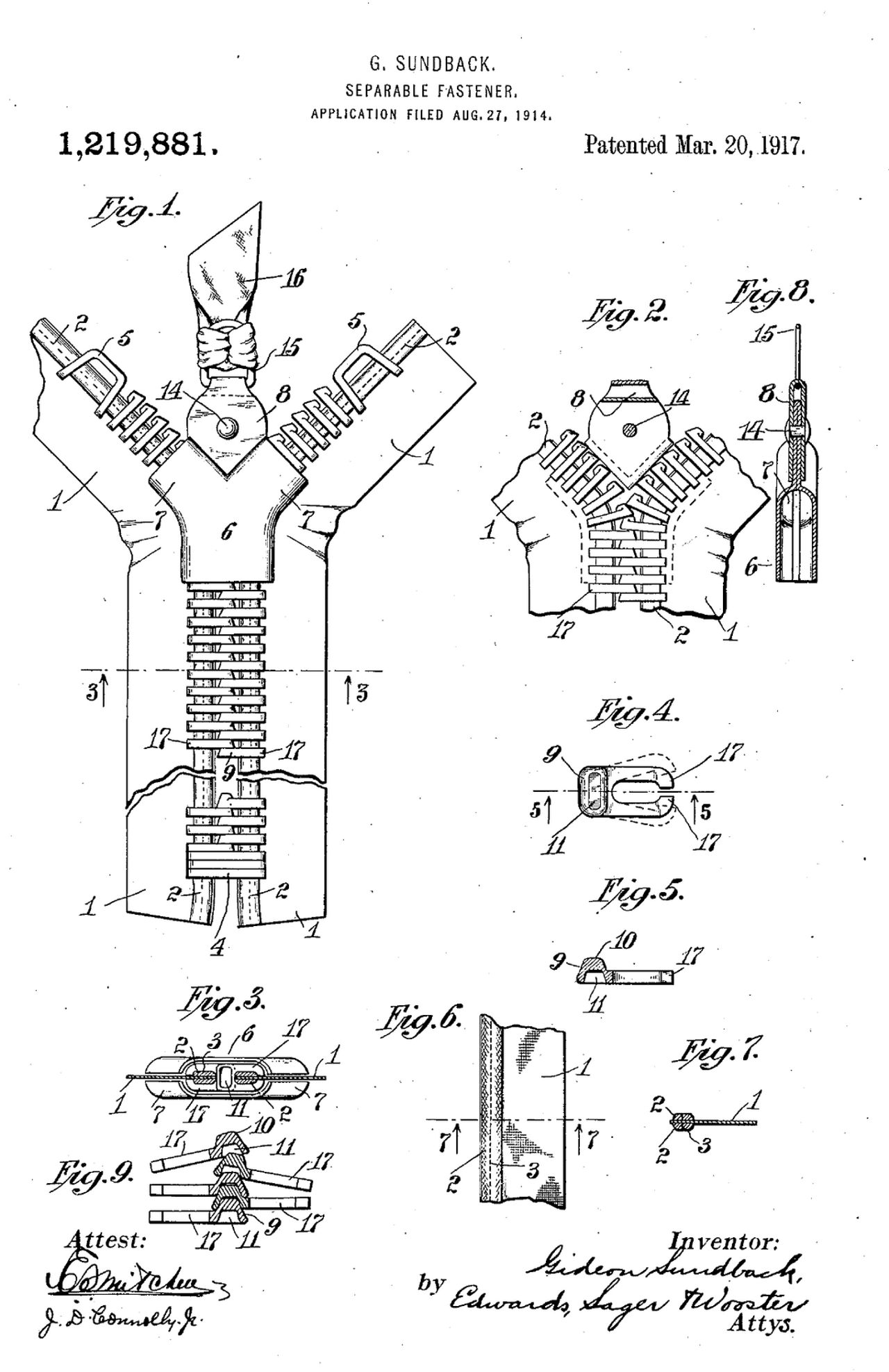Black and white patent drawing of a fastener: two rows of small interlocking teeth set on cloth tapes, drawn closed below a Y-shaped slider and open above it, with a pull tab and side views of a single tooth.