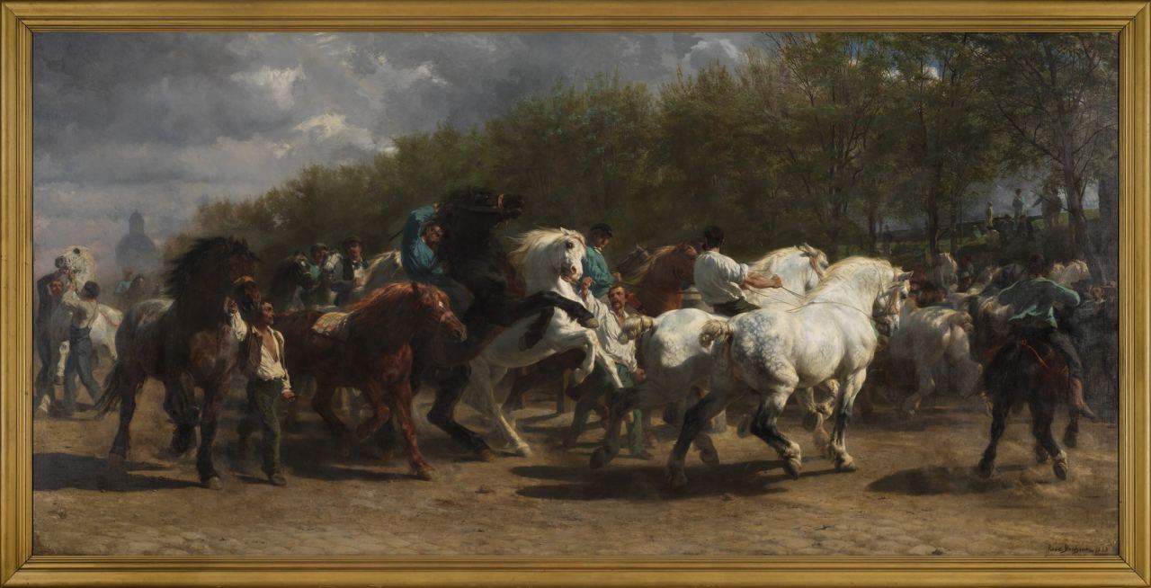 A very wide oil painting of a horse market on a tree-lined Paris boulevard: men in blue and white shirts lead and ride powerful horses, mostly dapple-grey and white with some dark bays, in a cloud of dust under a stormy sky.