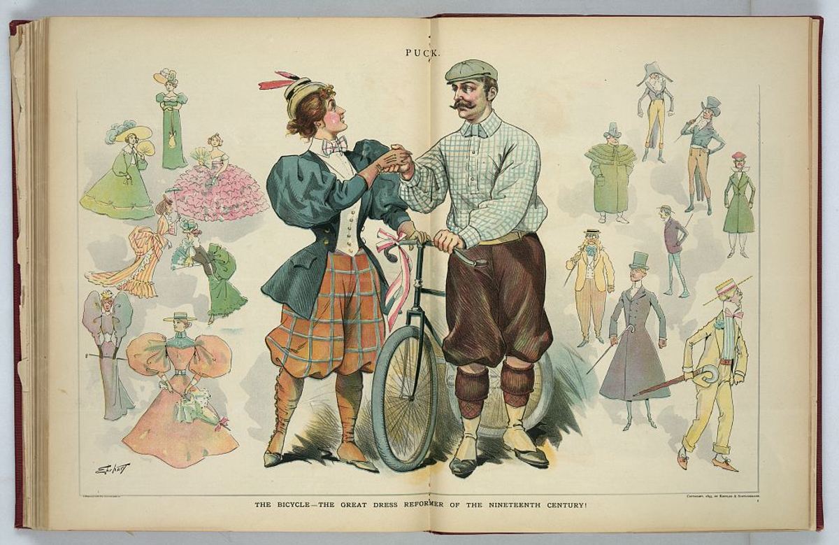 A colored double-page cartoon from the magazine Puck: a woman in a green jacket, waistcoat and plaid knickerbockers with tall laced boots shakes hands with a man in a cap, checked shirt and dark knickerbockers across a bicycle, while sketches of the long gowns and men's frock coats of earlier fashion crowd the margins.