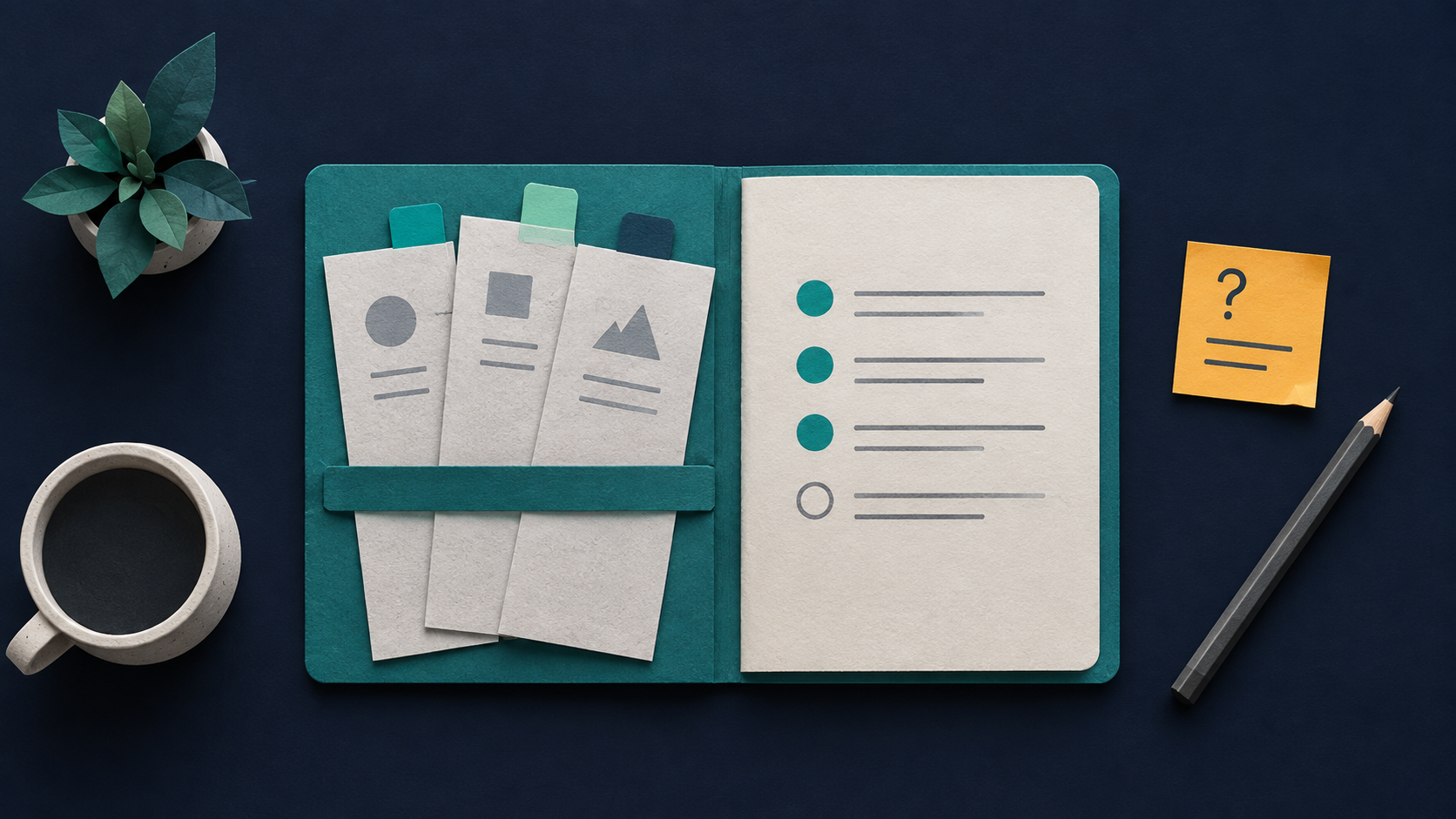 Open teal notebook holding three reference sheets beside a status page, with an amber question note and pencil on a navy background.