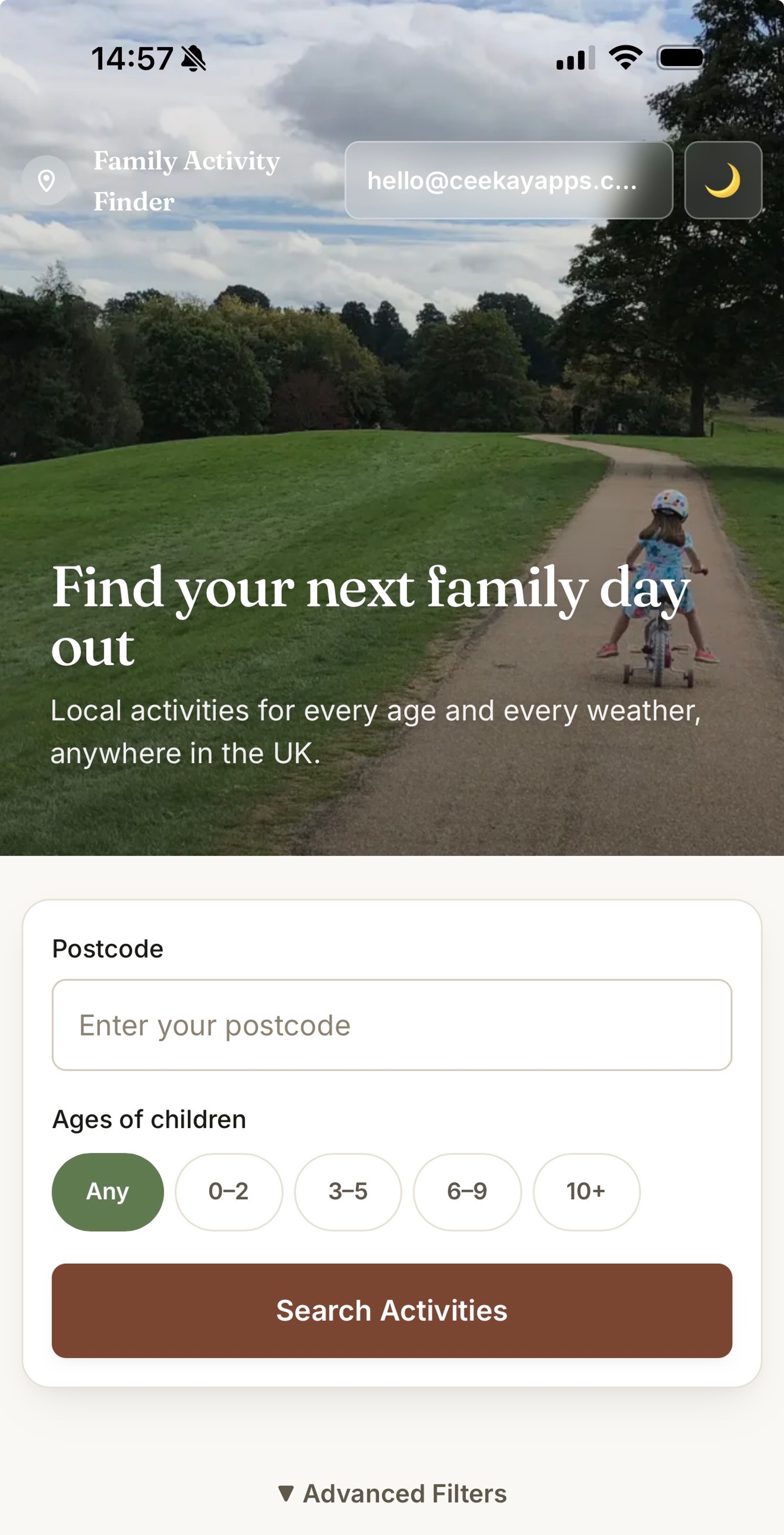 Family Activity Finder showing activity results for a UK family