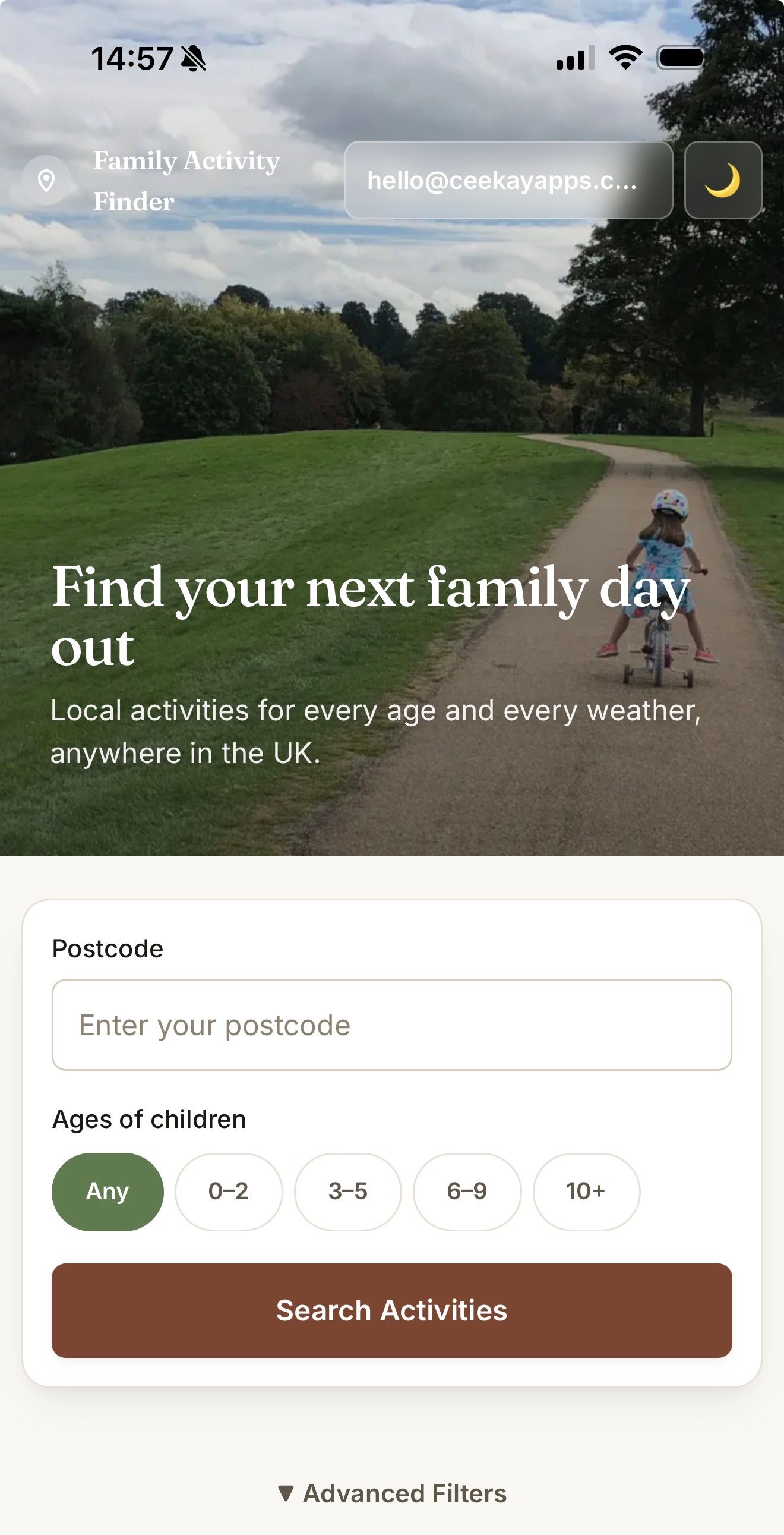 Family Activity Finder showing activity results for a UK family