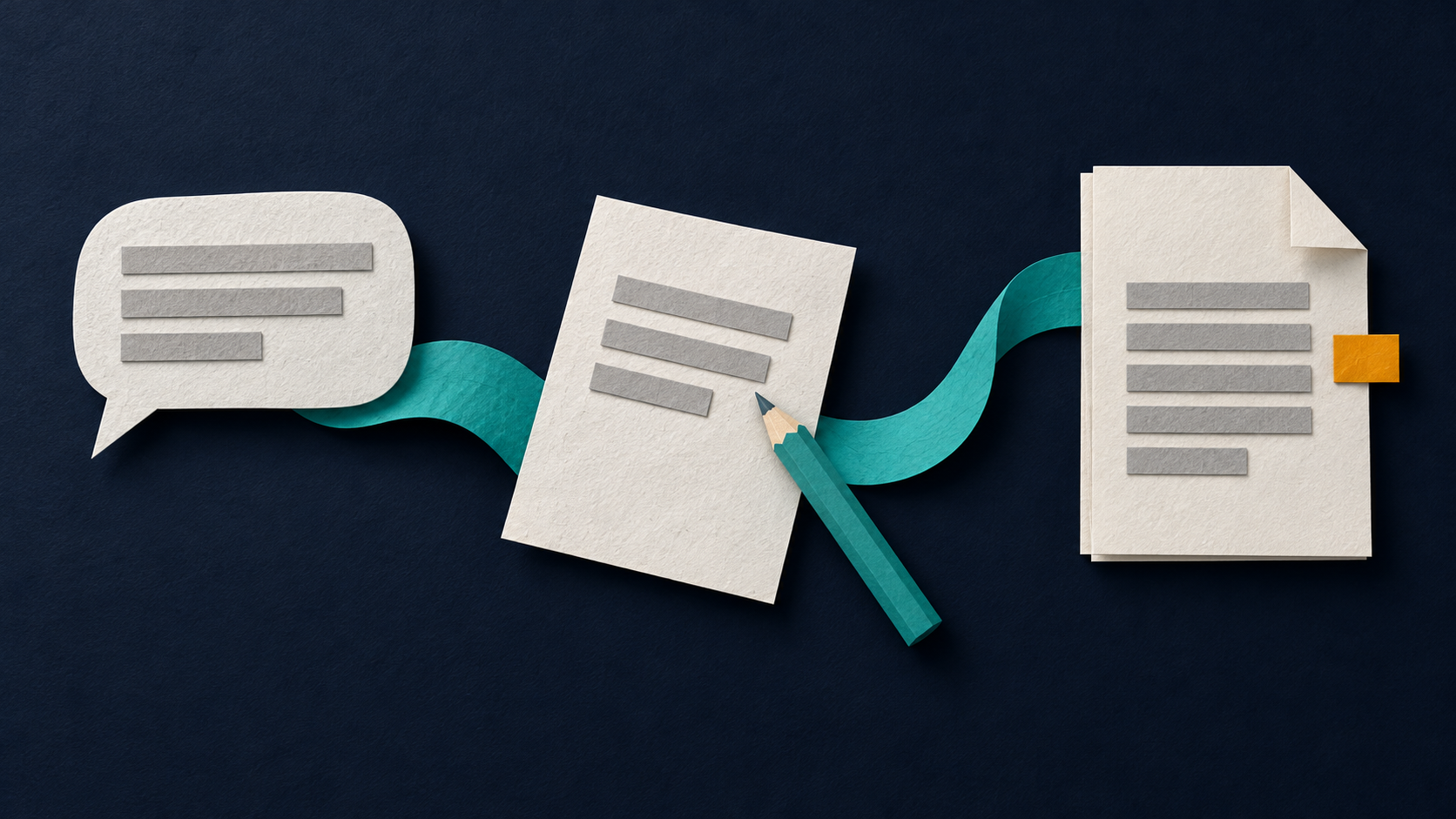 Paper chat bubble, editable sheet and finished document joined by a teal ribbon, with an amber review tab.