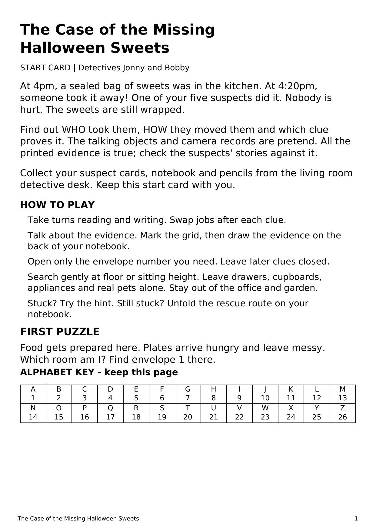 Start card for The Case of the Missing Halloween Sweets, with the story set-up, how to play, the first puzzle and an alphabet number key