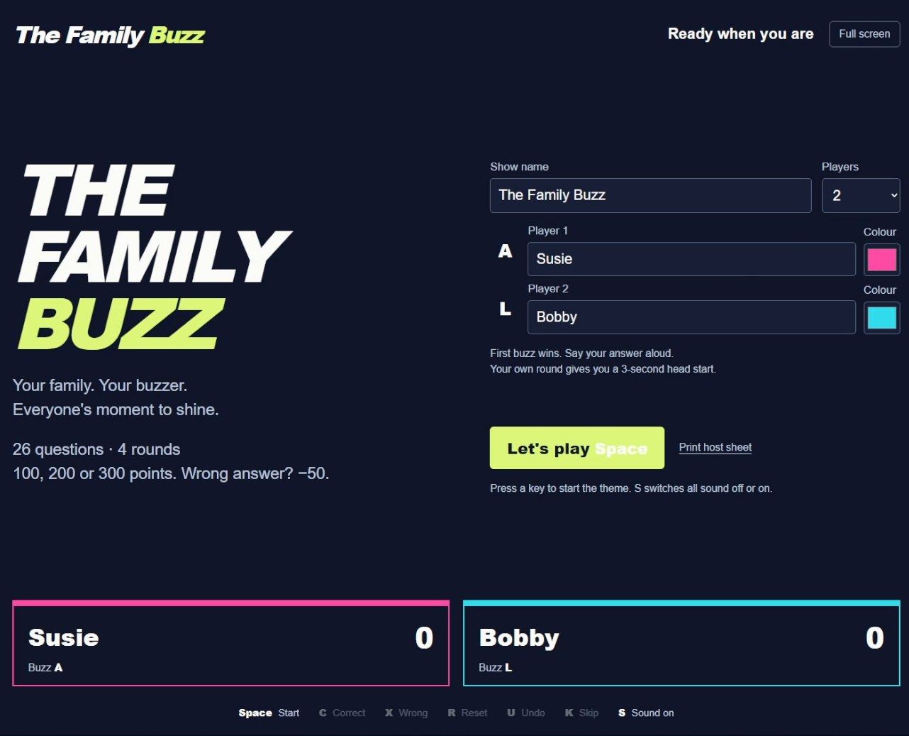 The Family Buzz gameshow start screen running in a browser, with player names Susie and Bobby, buzzer keys A and L, and a Let's play button