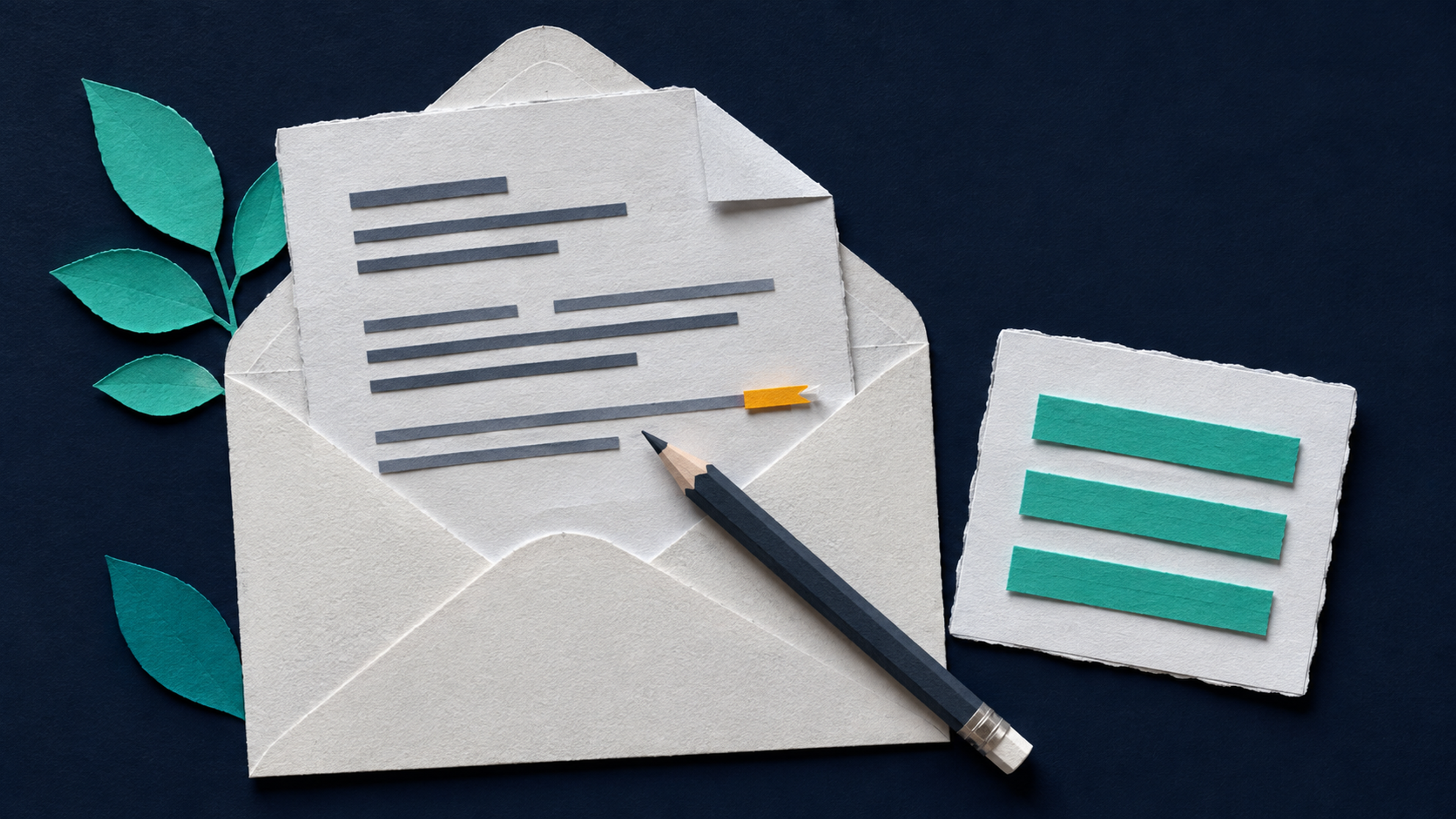 Paper-cut email draft in an envelope, with a writing-preferences card, pencil and amber tab marking a line to review.