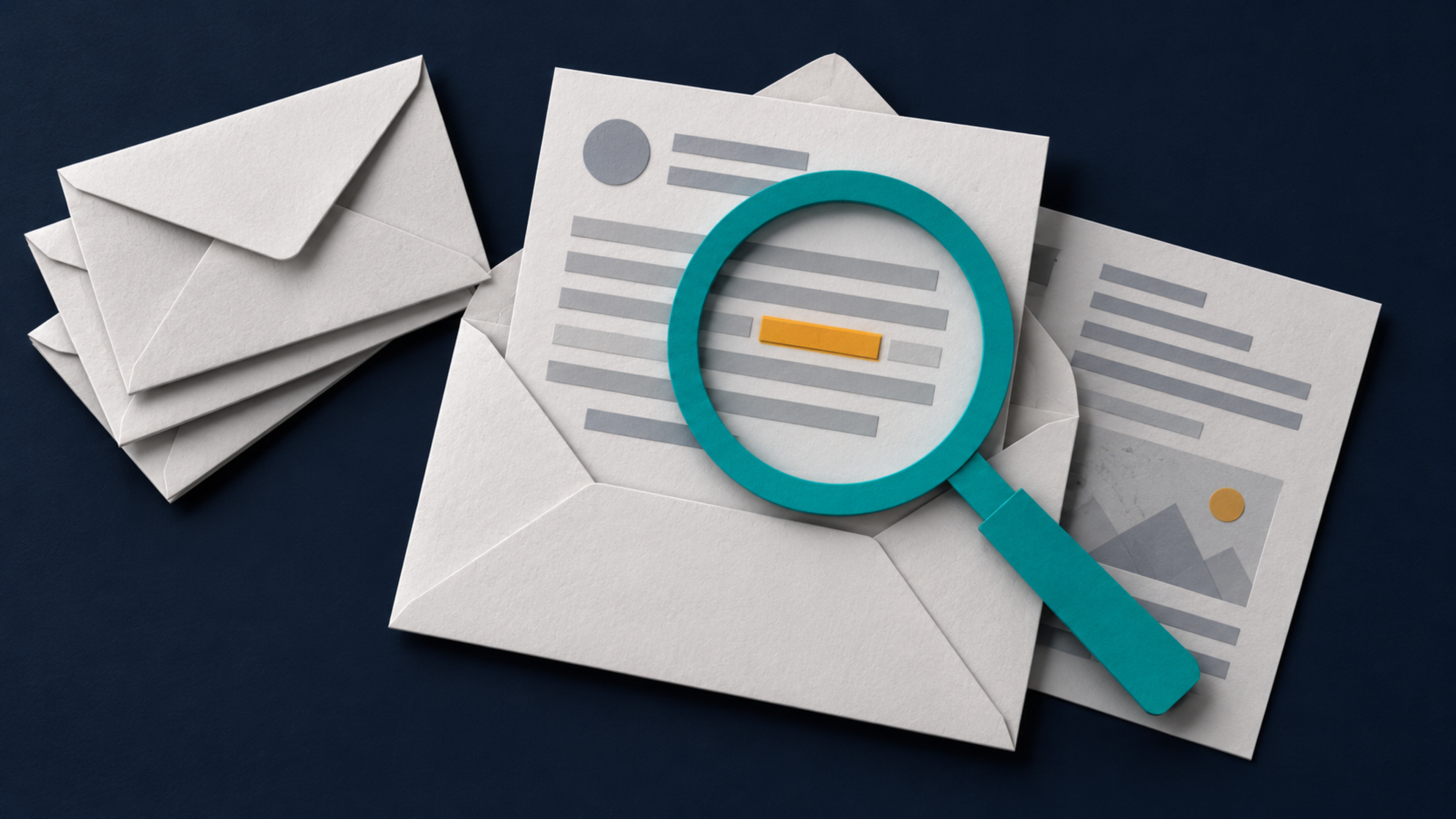 Paper-cut illustration of a teal magnifying glass highlighting one line in a message beside a stack of envelopes.
