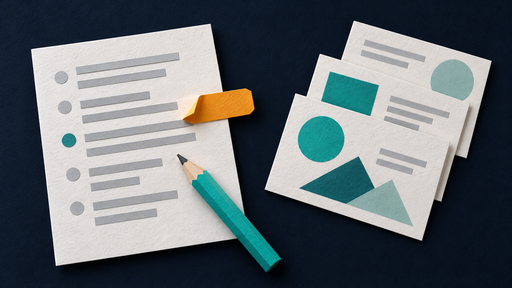 Paper instruction sheet with a pencil and amber review tab beside a fan of presentation cards.