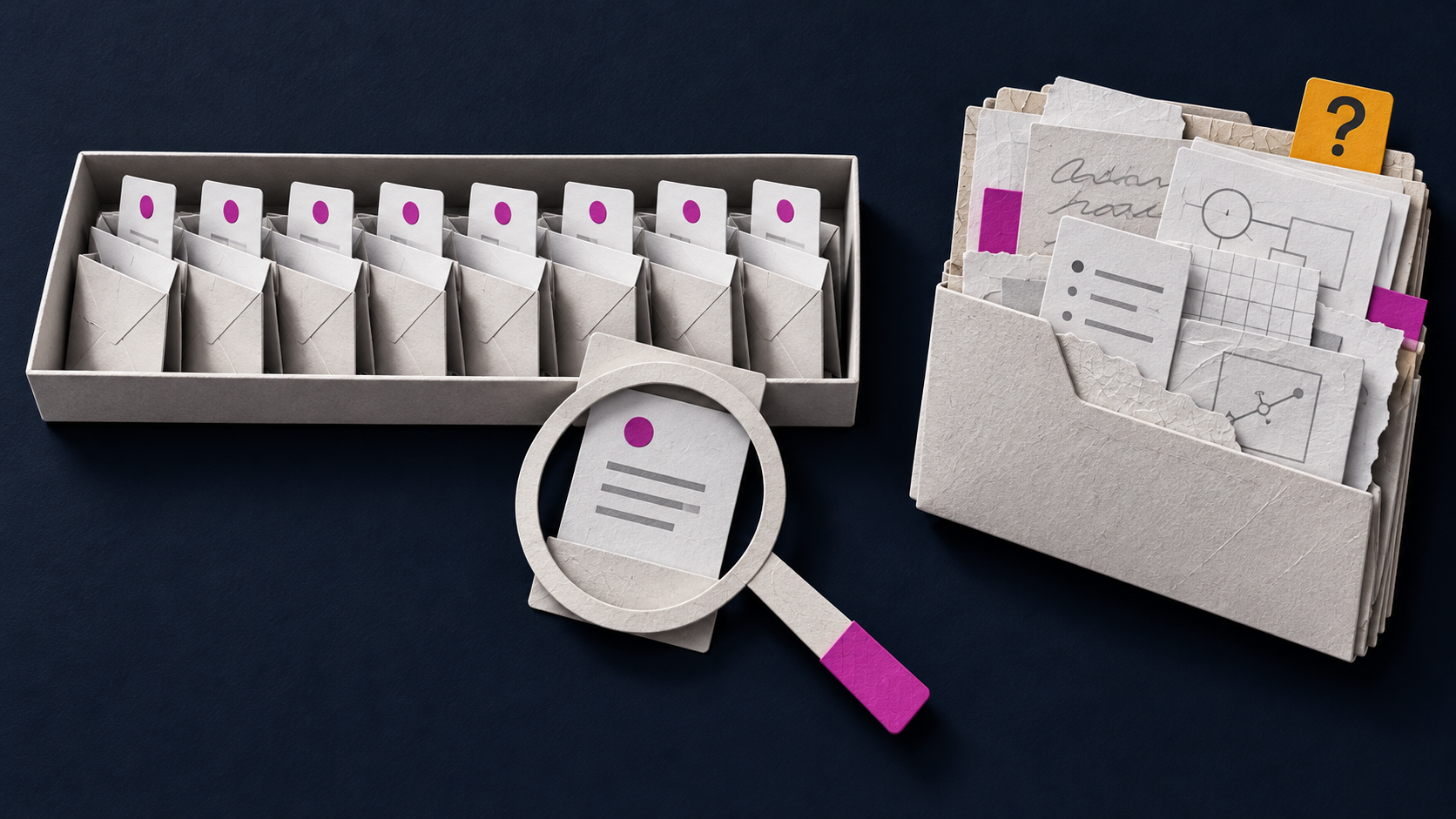Paper envelopes sorted into a tray, with one task card under a magnifying glass beside a folder of complex notes.