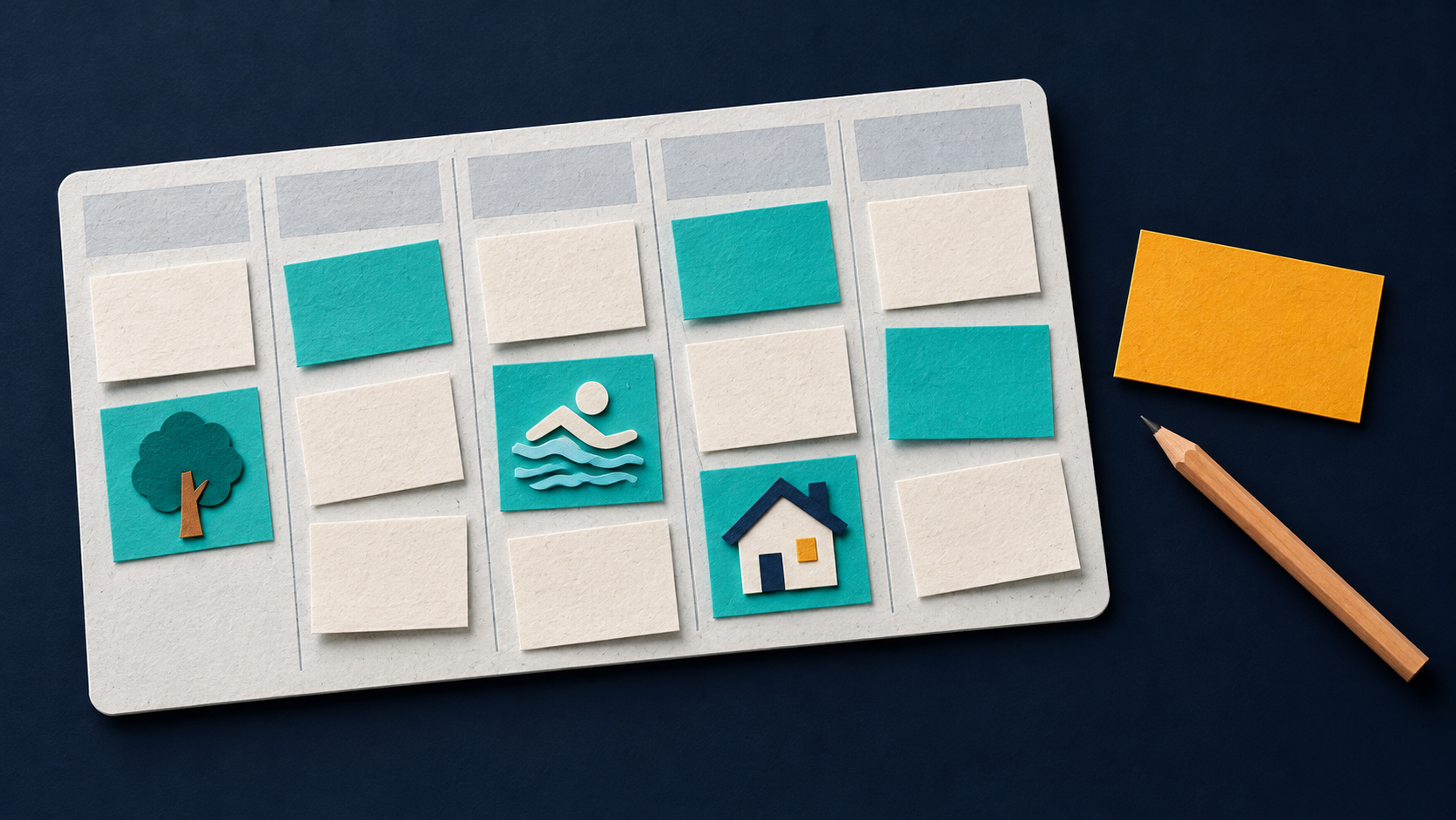 Paper weekly planner with park, swimming and home activity cards, beside a loose amber slip for an unresolved booking or cover gap.