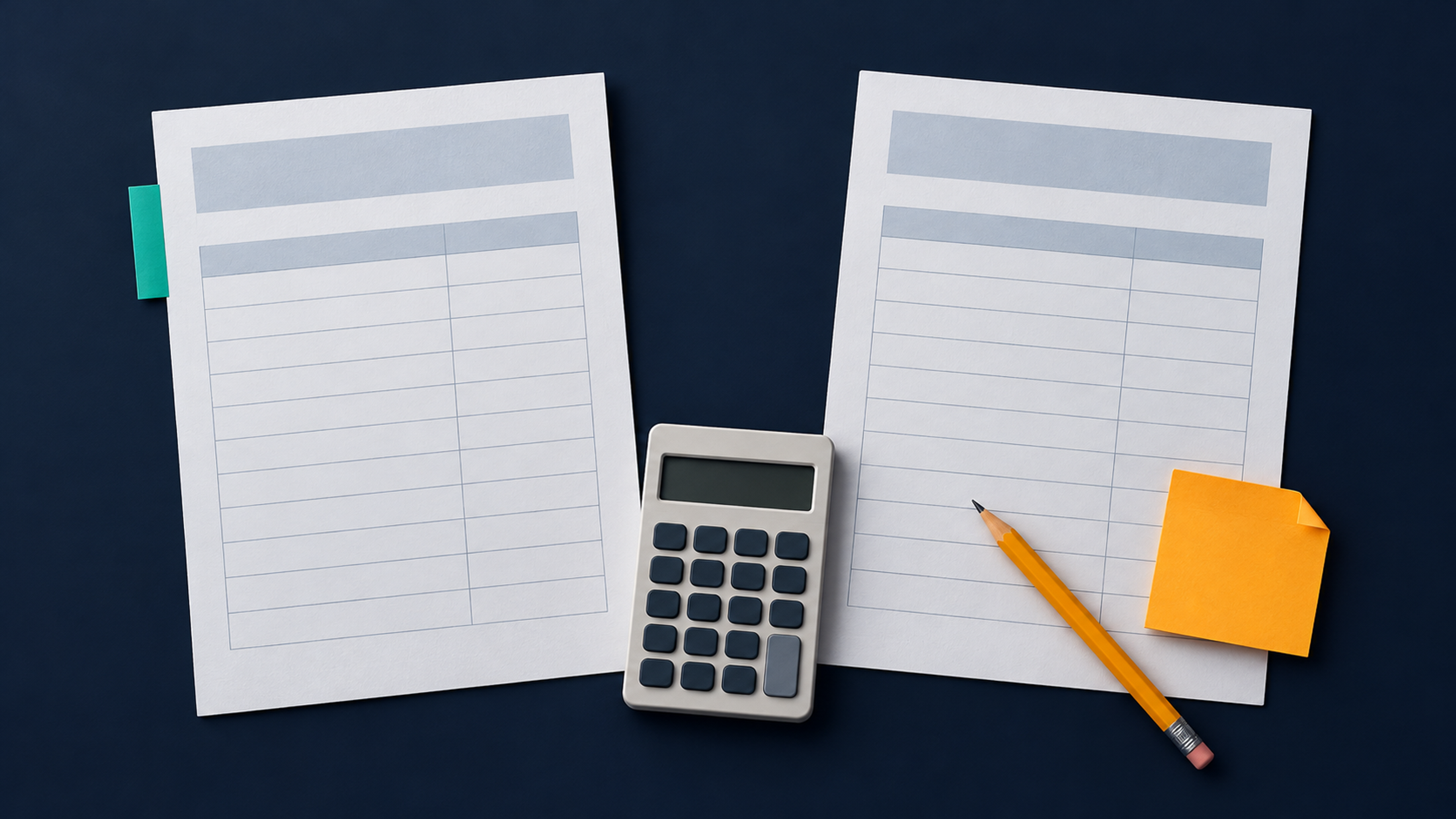 Two paper tariff sheets beside a calculator, pencil and amber tab for checking exit fees.