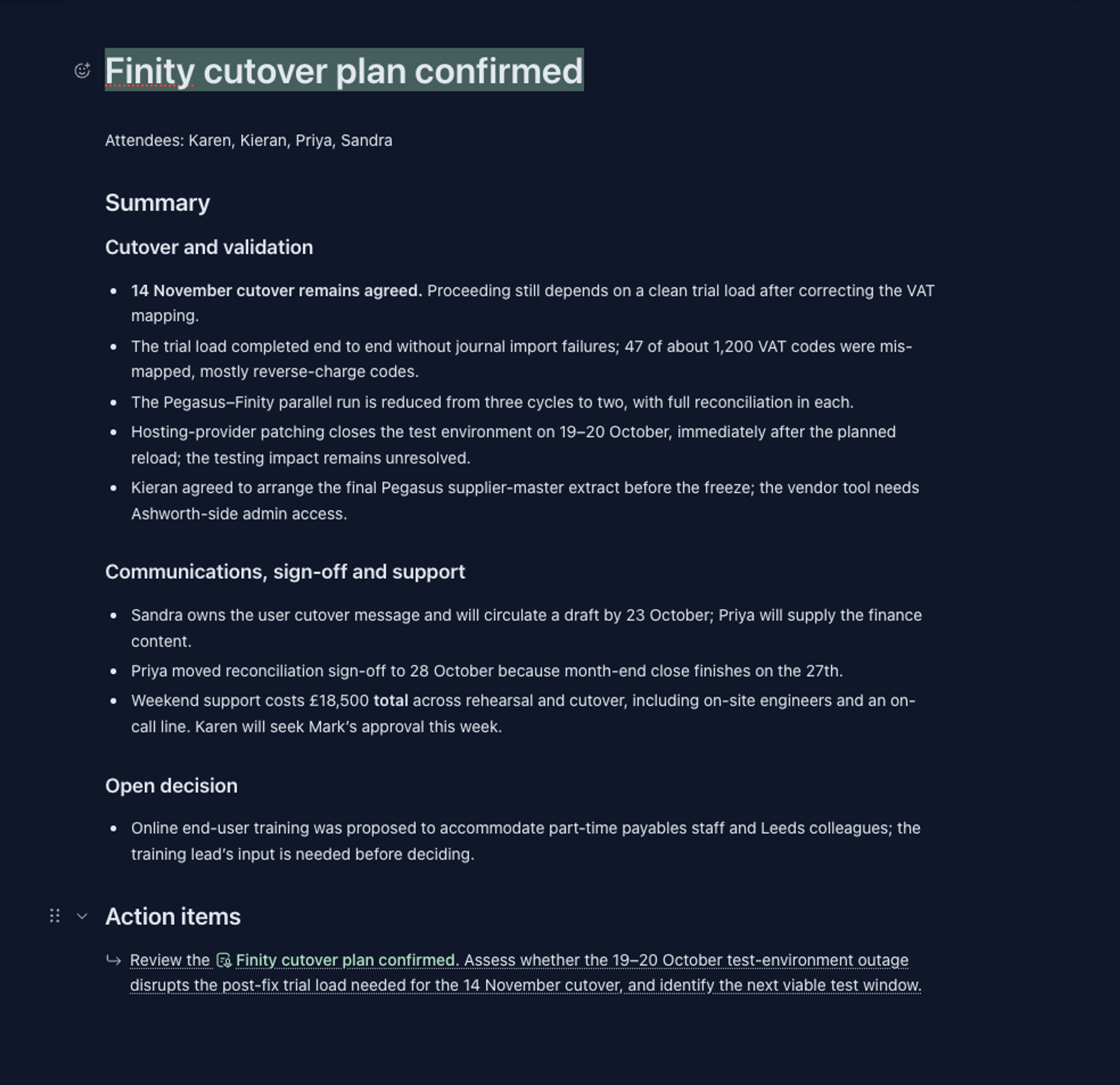 ChatGPT's meeting notes titled Finity cutover plan confirmed, with a summary in two sections, one open decision and a single action item about the test-environment outage.