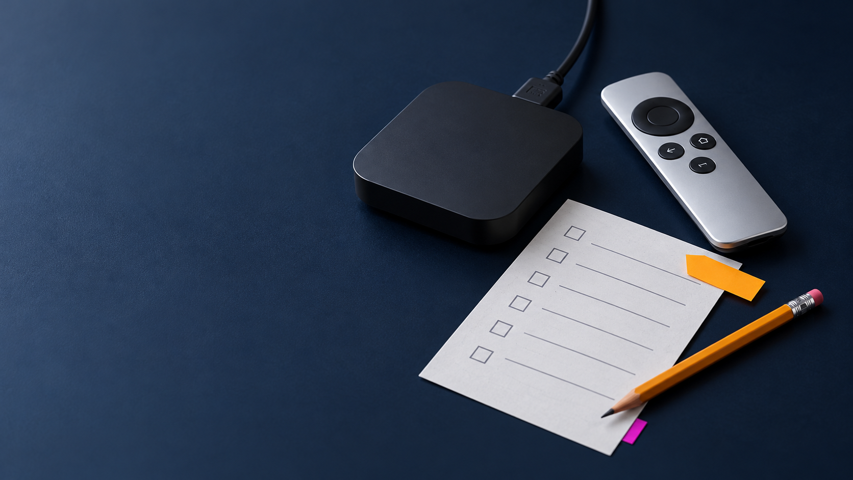Unbranded TV streaming box, remote and paper security checklist with an amber review tab.