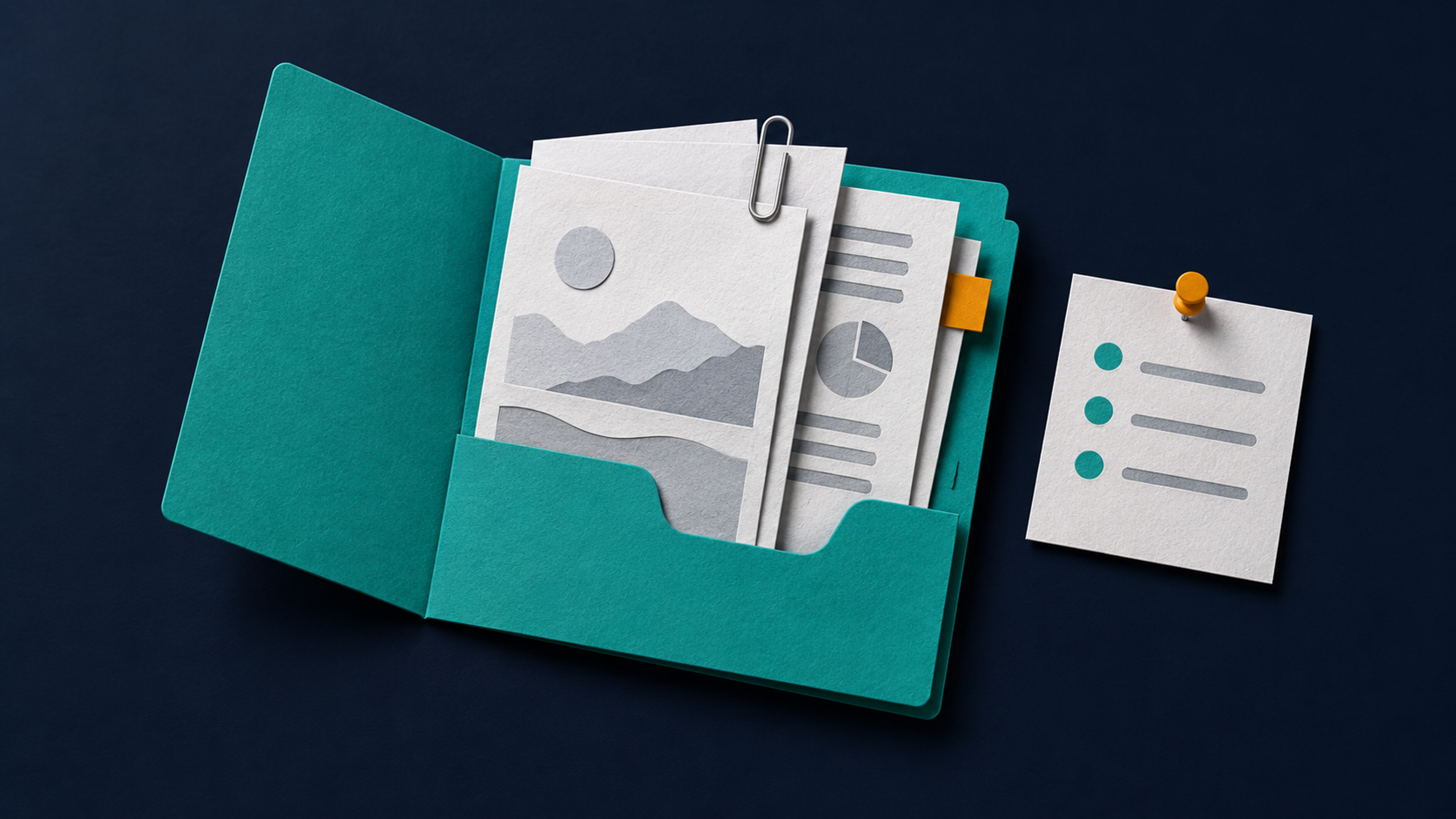 Paper-cut illustration of a teal programme folder with notes and a pinned instruction card on a navy background.