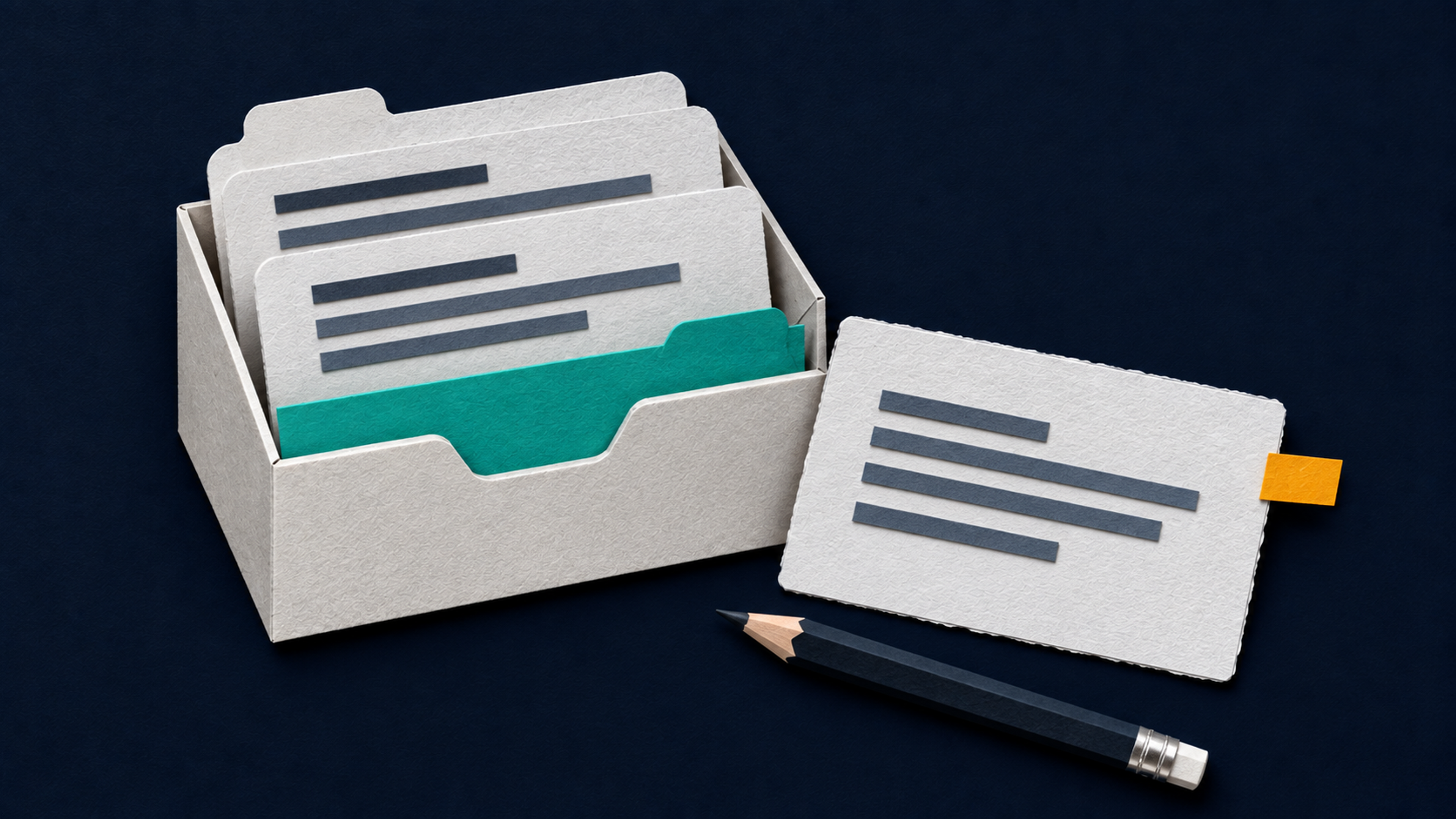Paper-cut card index with one topic card pulled out for review, an amber tab and a pencil.