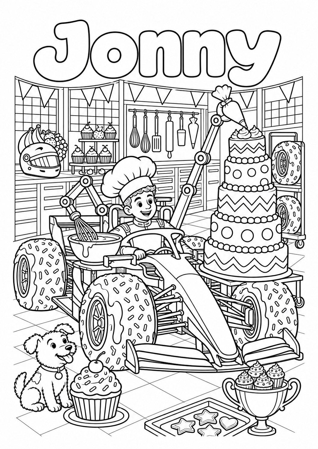 Colouring page with JONNY in outline letters: a boy in a chef's hat driving a Formula 1 car with doughnut tyres, robot arms icing a tall cake, and a puppy by a cupcake