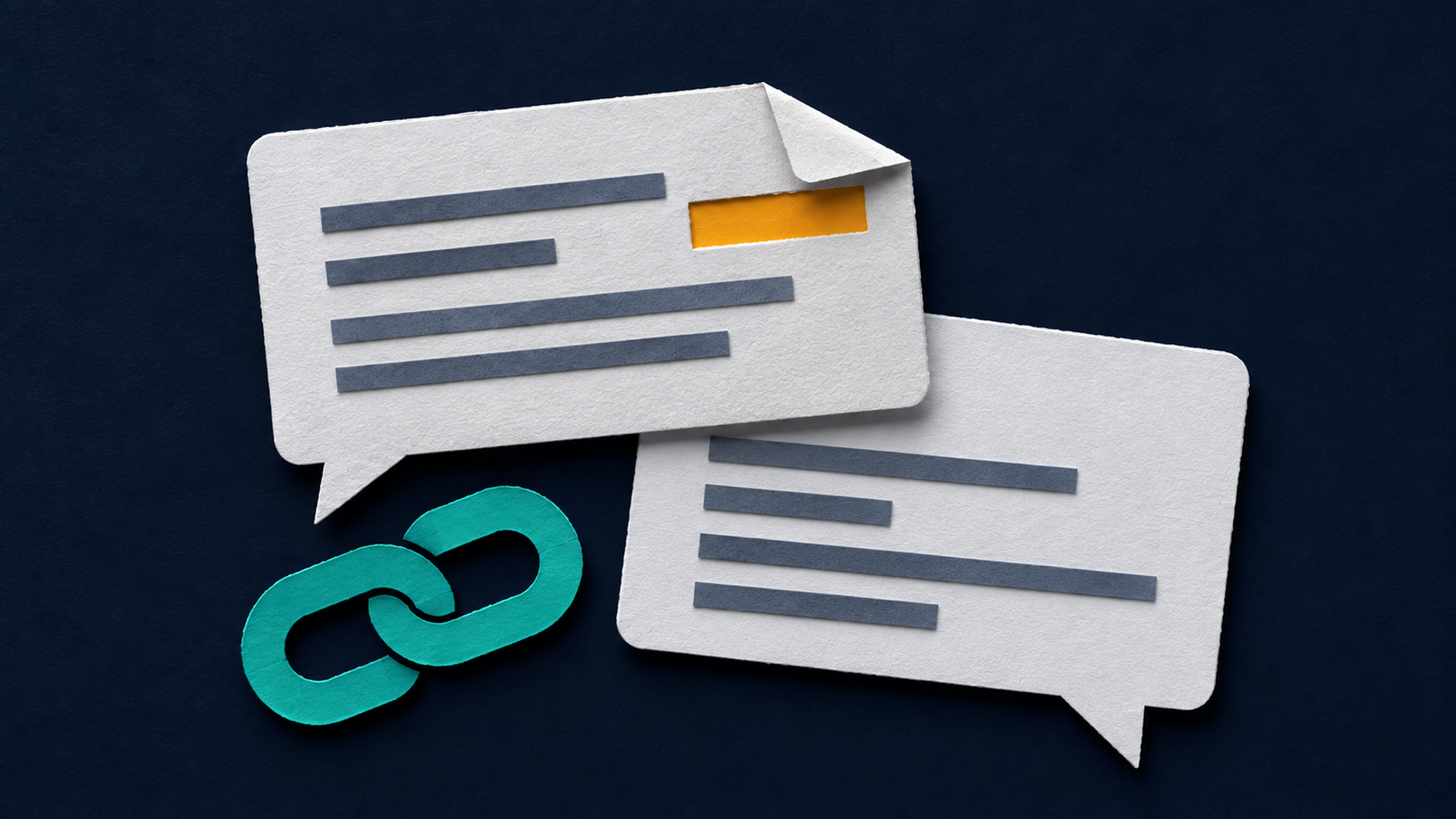 Paper-cut conversation cards beside a teal chain link, with a lifted flap revealing an amber strip of context.