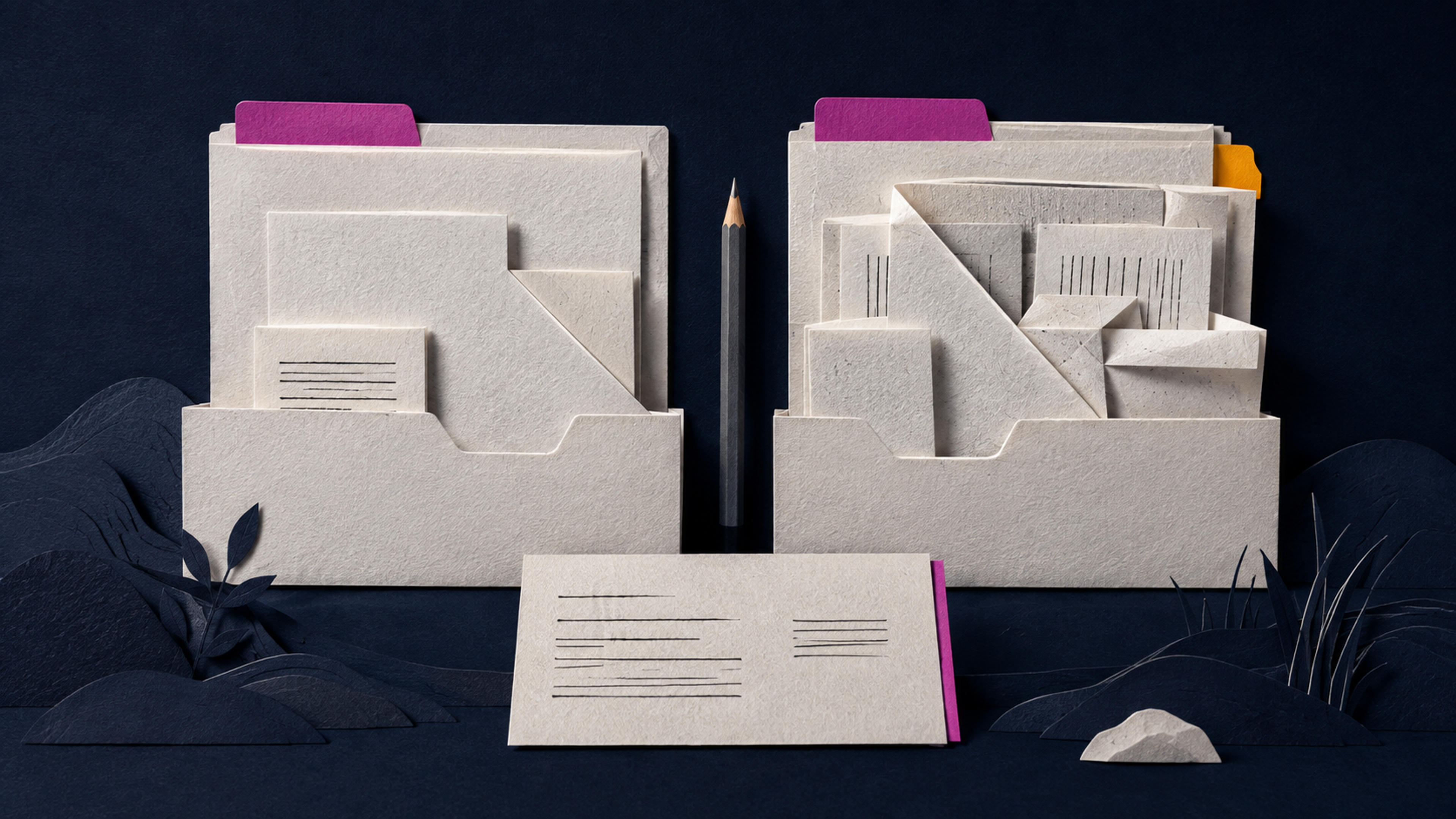 Two paper folders with magenta tabs, one holding a simple arrangement and one holding layered documents, beside a task card and pencil.