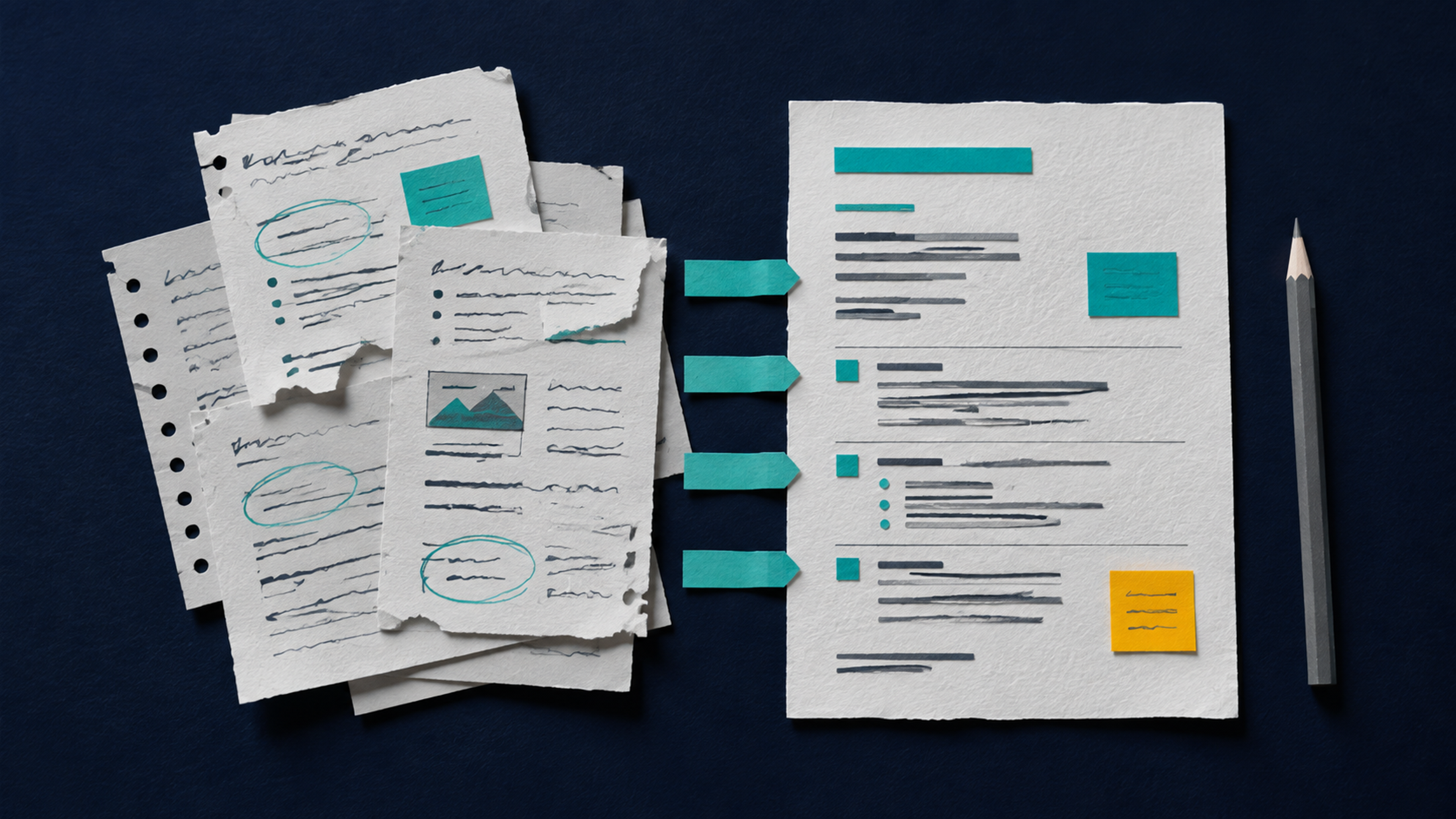 Paper-cut illustration of scattered source notes becoming one organised decision memo, with an amber note marking an unresolved detail.