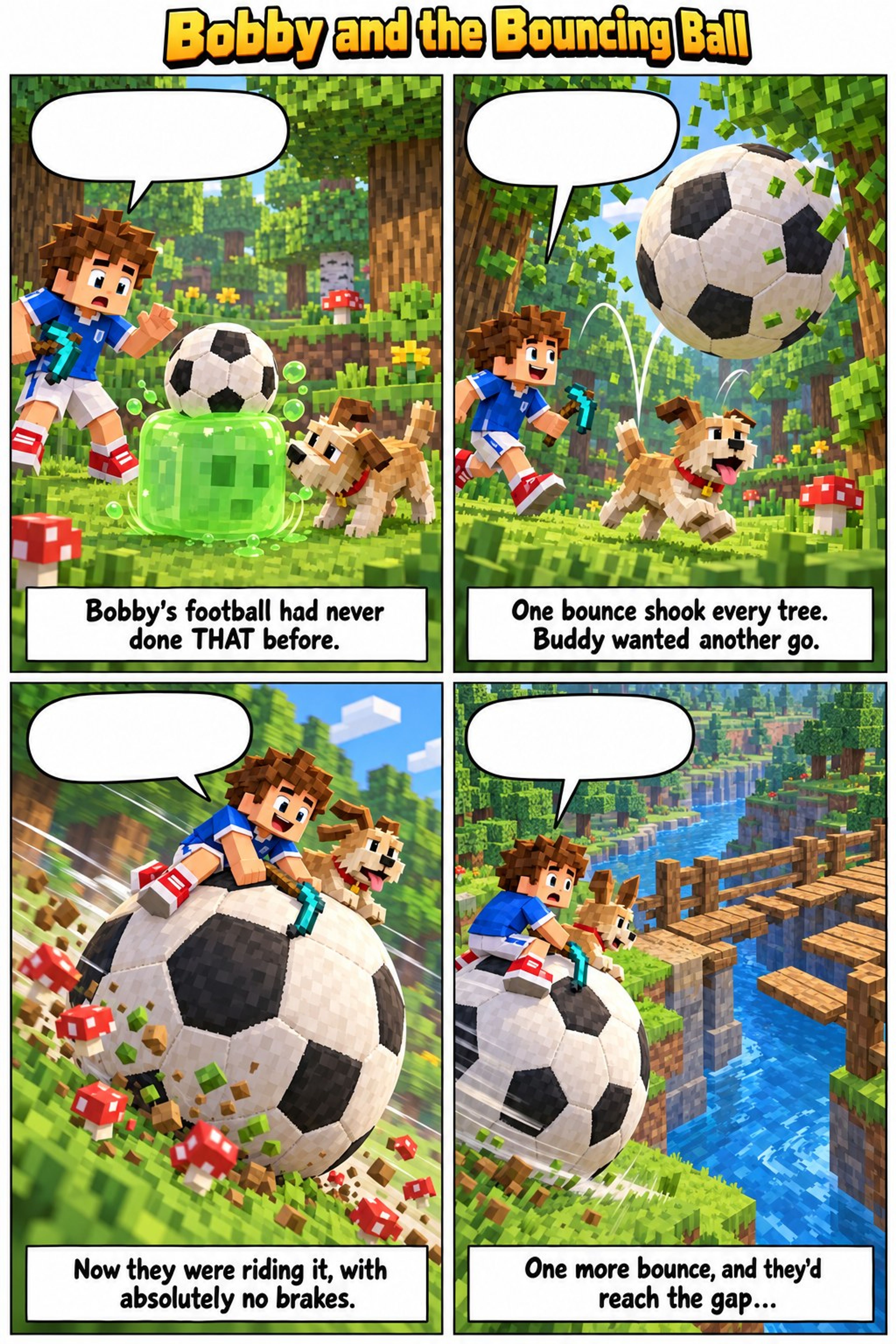 Four-panel comic, Bobby and the Bouncing Ball: a blocky boy and his dog chase a giant football through a forest, each panel with an empty speech bubble and a caption